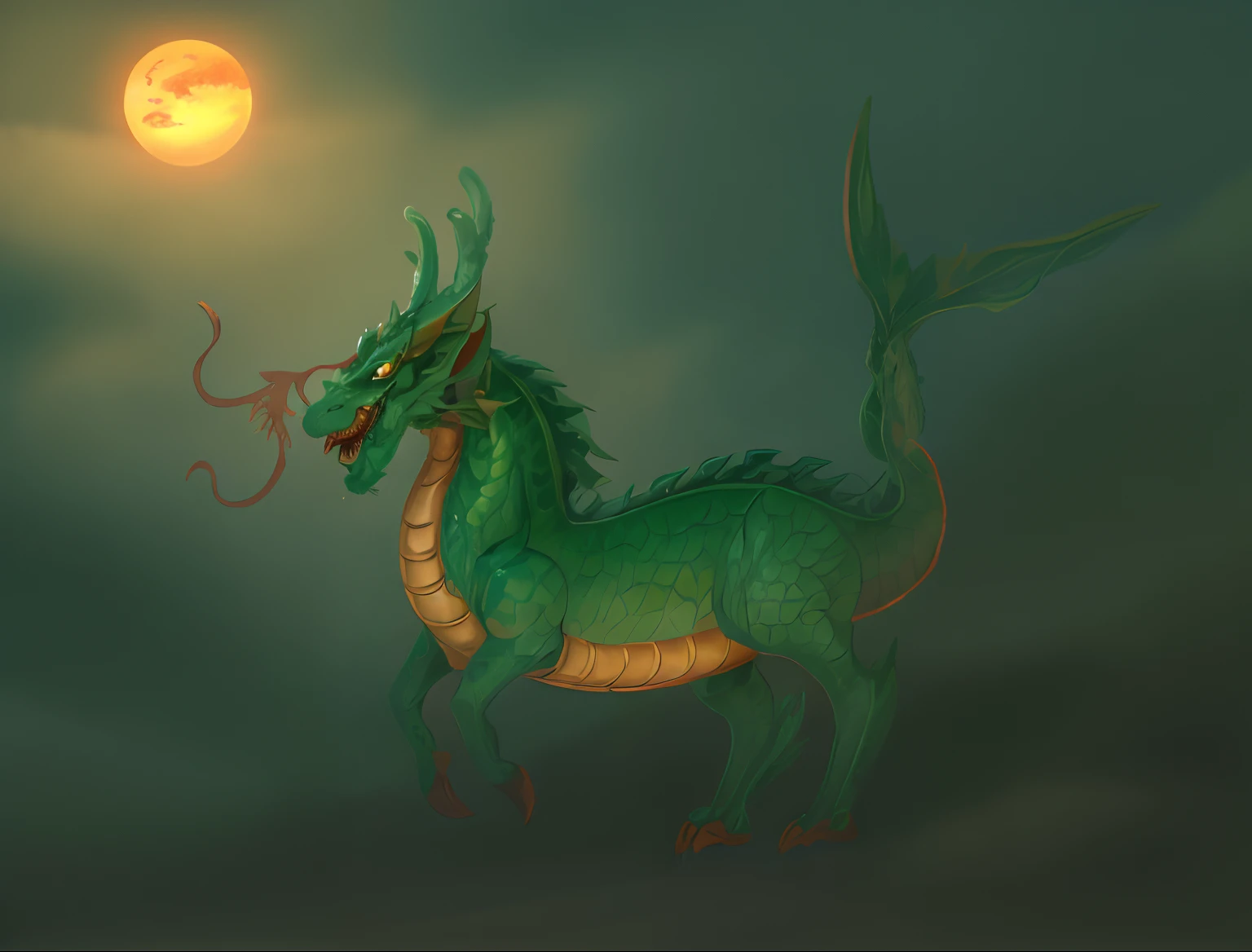 A dark green dragon with a long tail and tail.,In the sea there are waves.,evening,Orange Sun, a dragon, Mythical Creatures, Mythical Creatures, Dragon Horned Curve!, anthropomorphic dragon, Chinese dragon, as an anthropomorphic dragon, Color painting, smooth chinese dragon, chinese dragon concept art, but as an anthropomorphic dragon, dragon art, Dragon with scars,Very sharp 8k,Green flakes,intricate
