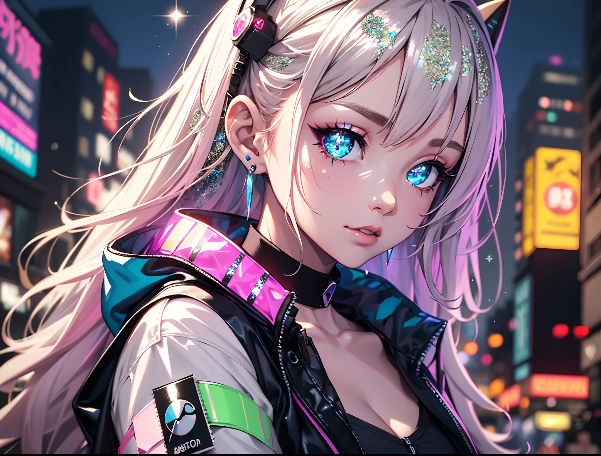Absurd resolution, High resolution, (masutepiece: 1.4), (masterpiece、top-quality、natta、silber hair:1.4)、(cowboy shot:1.8)、8K、absurderes、a beauty girl、(wearable computer:1.6)、cyberpunked、Cybergoth、(Cyberpunk costumes、fluorescence pink accent、glowing pink lines on short jacket:1.4)、neons、A bracelet、a choker、(glitters、glitters、film grains、chromatic abberation:2)、(Shopping streets in Asia、a street、buliding、Skyscraper:1.2)、make - up、very small mechanical device、(cyan earrings:1.3)、 foco nítido、dark backgrounds、Near and far law、depth of fields、(Sateen、Foggy、Bleach Bypass、nffsw、face lights、foco nítido、Dynamic lighting、Cinematographic lighting、Professional Shadow、ighly detailed、finely detail、(A detailed eye、Sharp pupils、Realistic pupils、dark backgrounds:0.6)、(glitch effect:0.6)
