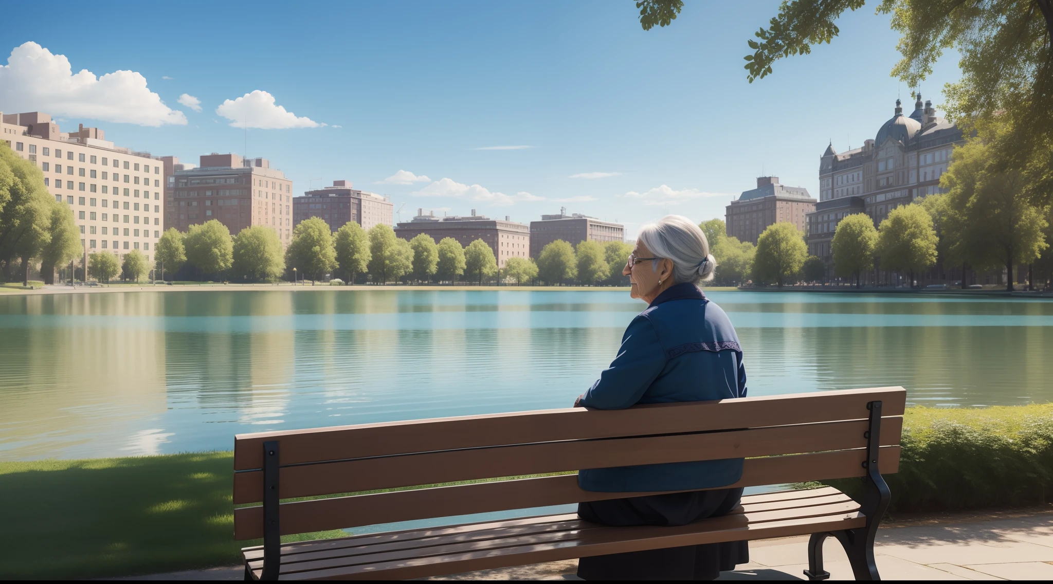 an ultra realistic image of an Old woman siting on a bench by a sunny day in a park surrounded by buildings, lake in background.