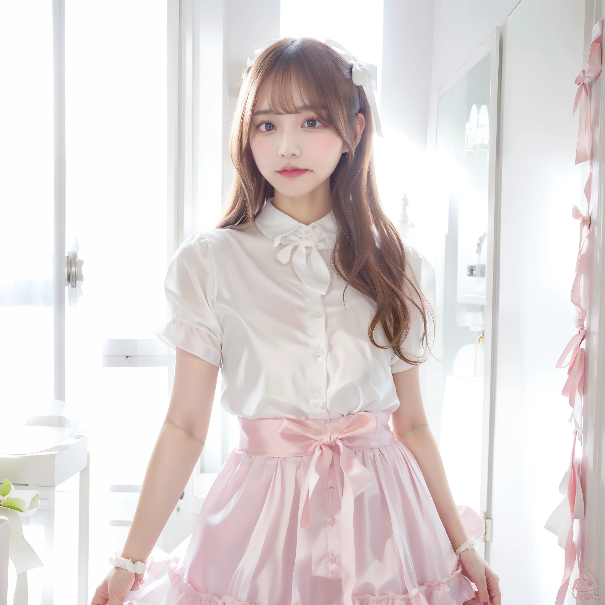 Idol、White Satin Blouse、Pink Satin Skirt、Girl with big breasts