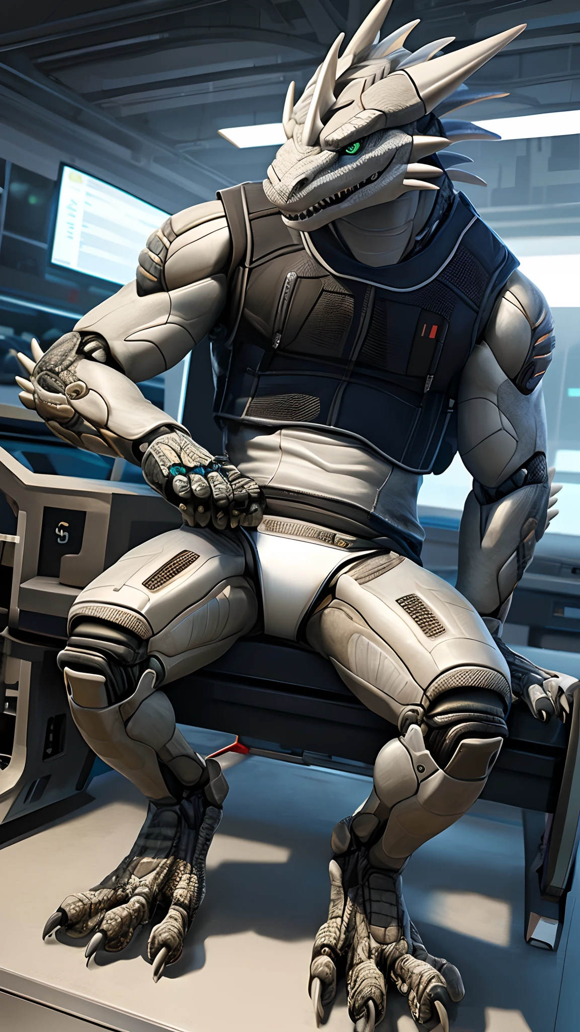 Bionic robot dragon,male,Gilet blanc,white panties,Lie on the machine bench,HD graphics,Detailed and realistic,high detal,high qulity,photo-realistic,photorealistic eye,Detailed paws,Clear eyes,Masterpiece artwork