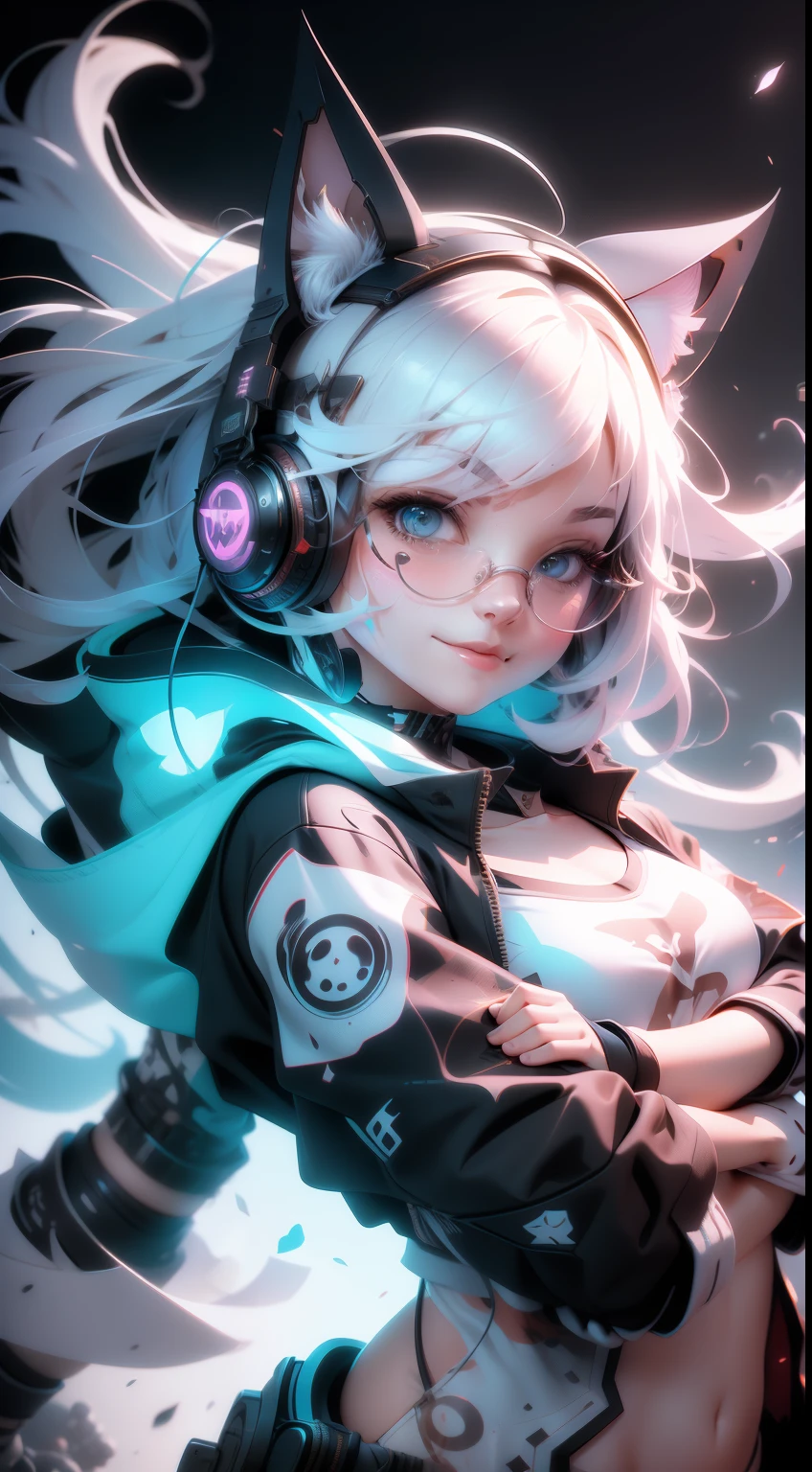 Perfect centering, A cute kitten all over, Wear a student varsity jacket, Wearing sunglasses, Wearing headphones, Big smile, Standing position, Abstract beauty, Centered, Looking at the camera, Facing the camera, nearing perfection, Dynamic, Moonlight, Highly detailed, Digital painting, art  stations, concept-art, smooth, Sharp focus, 8K, high definition resolution, illustration, Art by Carne Griffiths and Wadim Kashin, White background