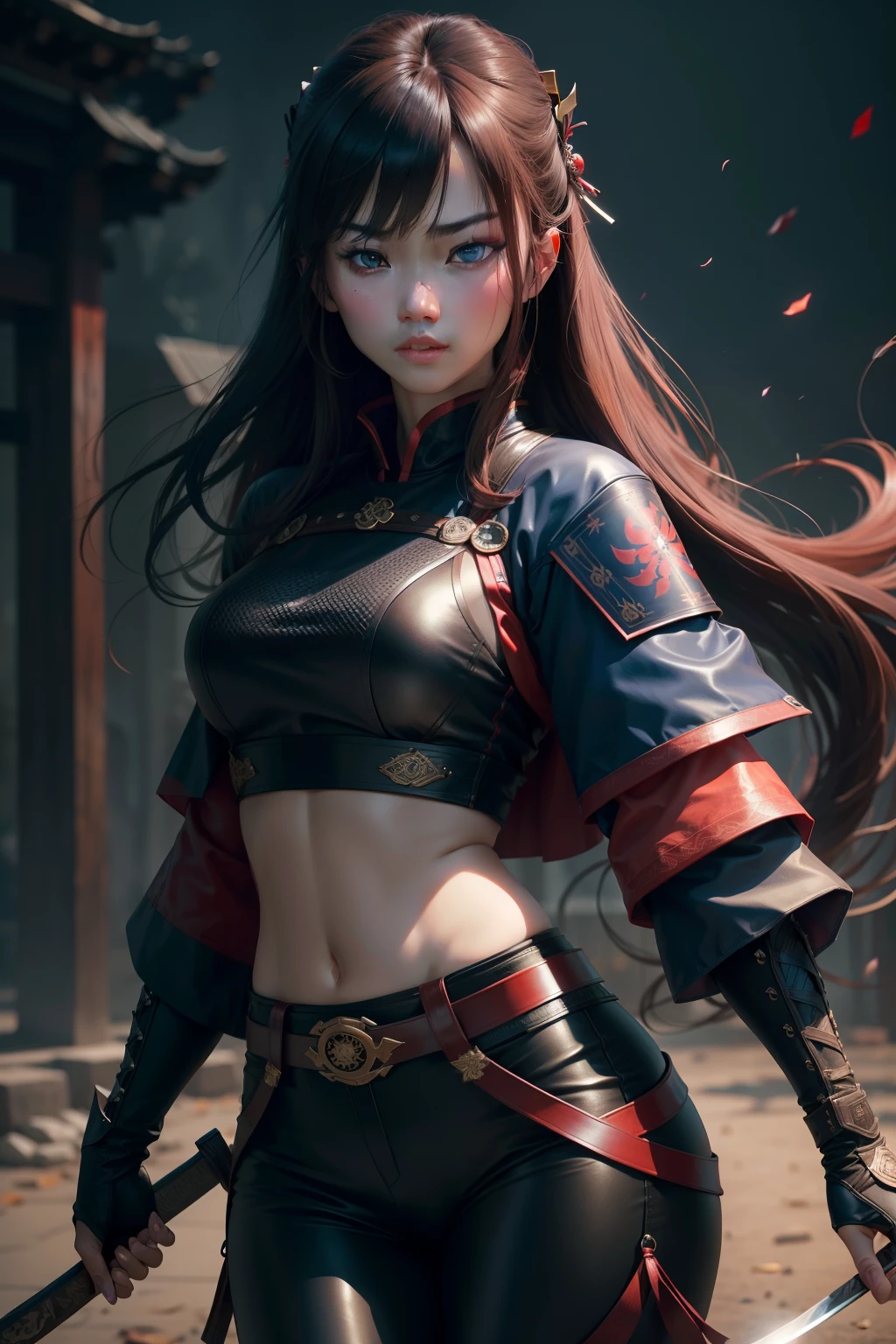 (Best quality, 8K, Ultra HD: 1.3), an Quority《Asian woman》,holding samurai sword,leather clothes,leather pant,Brown hair long,The face is incredibly delicate,Red and blue eyes