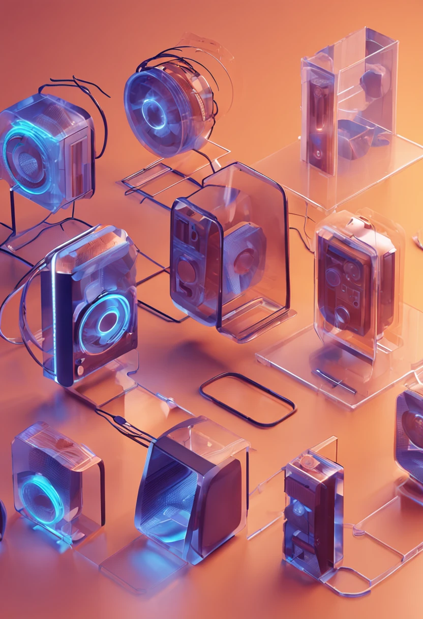 headphones Icon, 3Dicon, Frosted Glass Texture, Clear Glass Texture, Layered Design, Blue and Orange, Transparent Technology Awareness, White Background, Industrial Design, Minimalistic Design, Isometric Design, Axisymmetric, Data, 3D Rendering, 8K,