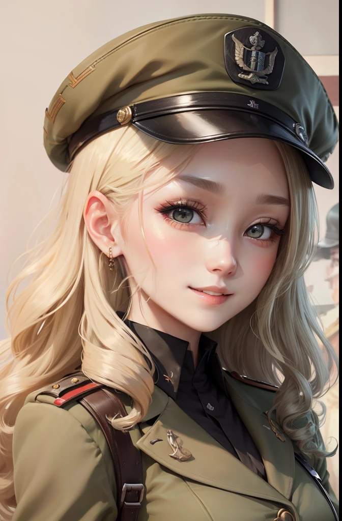 British military uniforms during World War II(Dark matcha brown)、Black skin belt、Wearing a military cap、infp young woman、Dark blonde hair(1.0)、Hairstyle is curly long、(Vertical Painting:2.0)、(Archaic painting:1.5)、frontage、High-quality illustrations、big eye、Sheer eyes、Exquisite makeup、long eyeslashes、Eyes that laughed、A smile、(Solo 1.8)、beatiful detailed eyes、