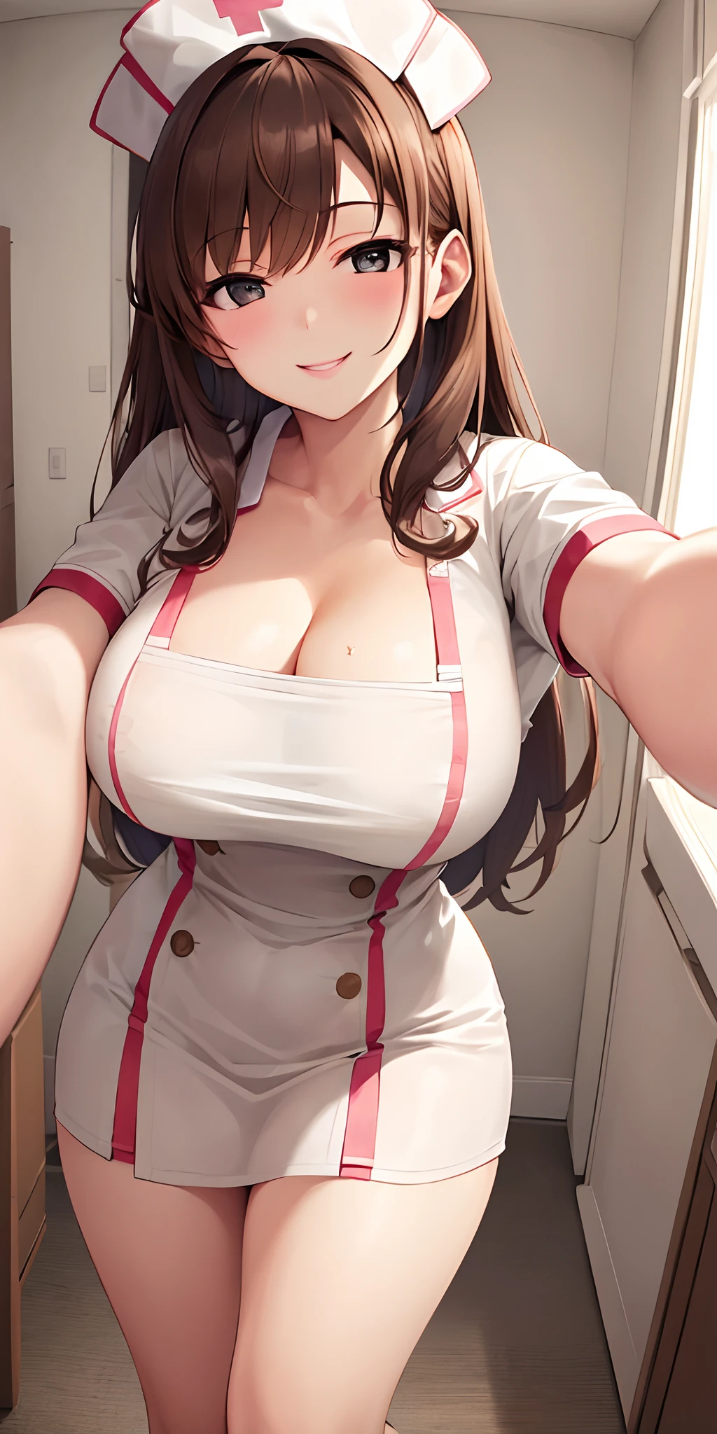 (Best quality:1.3), brown hair, large breasts, cleavage, nurse outfit, smiling, (pov, close shot)