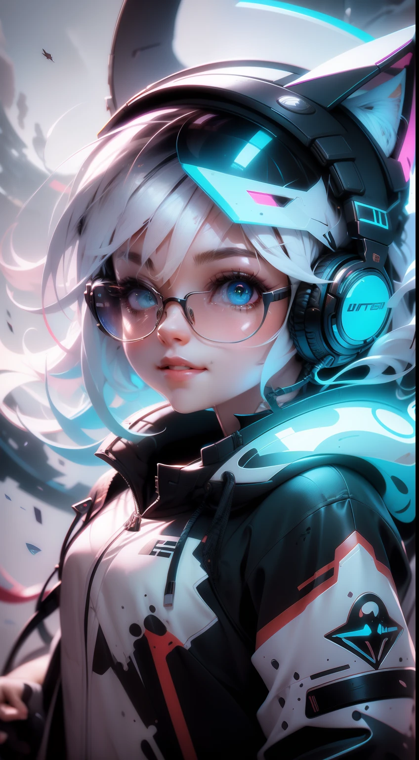 Perfect centering, A cute kitten all over, Wear a student varsity jacket, Wearing sunglasses, Wearing headphones, Big smile, Standing position, Abstract beauty, Centered, Looking at the camera, Facing the camera, nearing perfection, Dynamic, Moonlight, Highly detailed, Digital painting, art  stations, concept-art, smooth, Sharp focus, 8K, high definition resolution, illustration, Art by Carne Griffiths and Wadim Kashin, White background