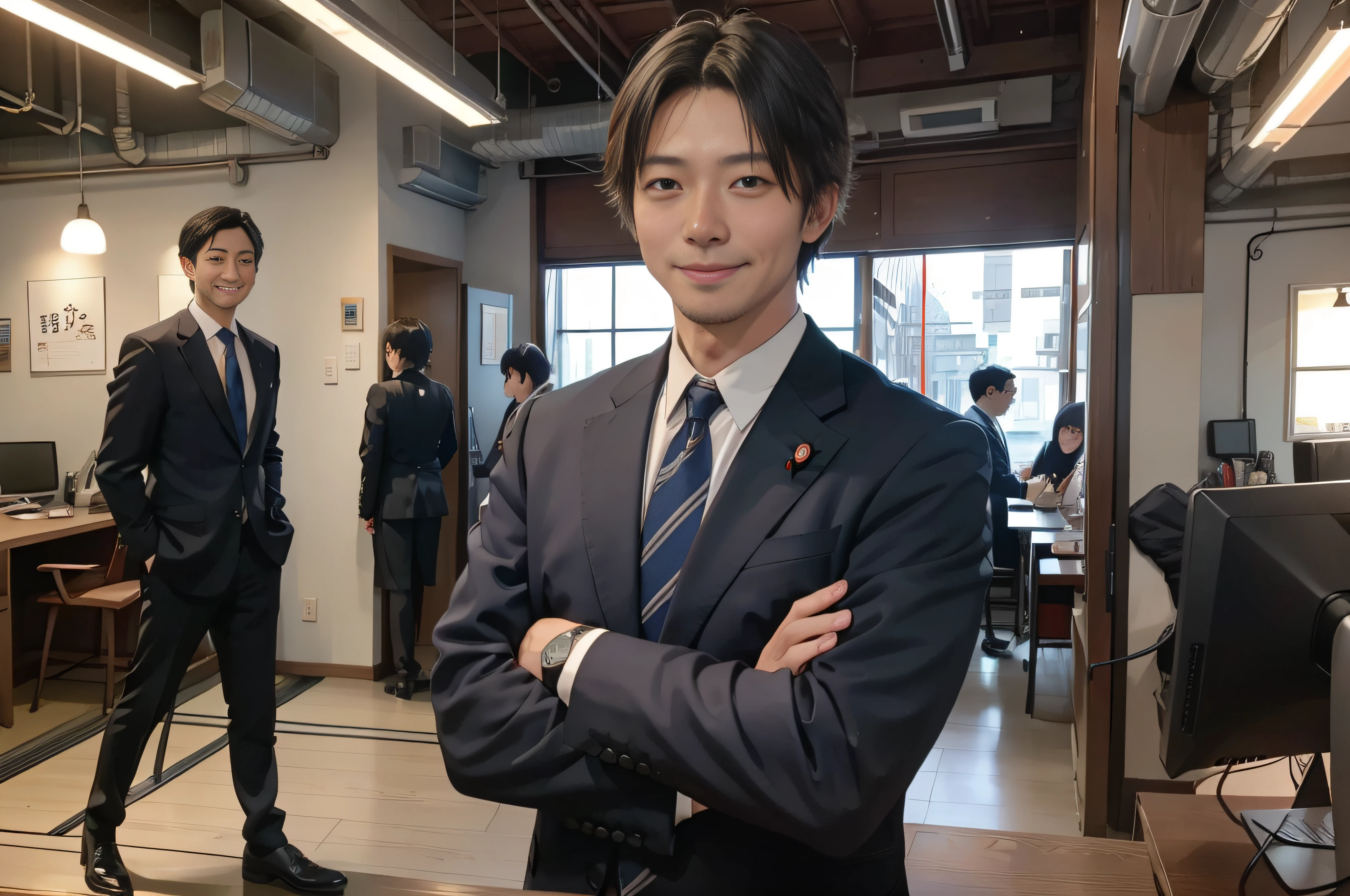 Handsome men、40 years old、One happy young Japan businessman president、Stand with arms crossed with a smile、Bright walkways in the office、the background is blurred、