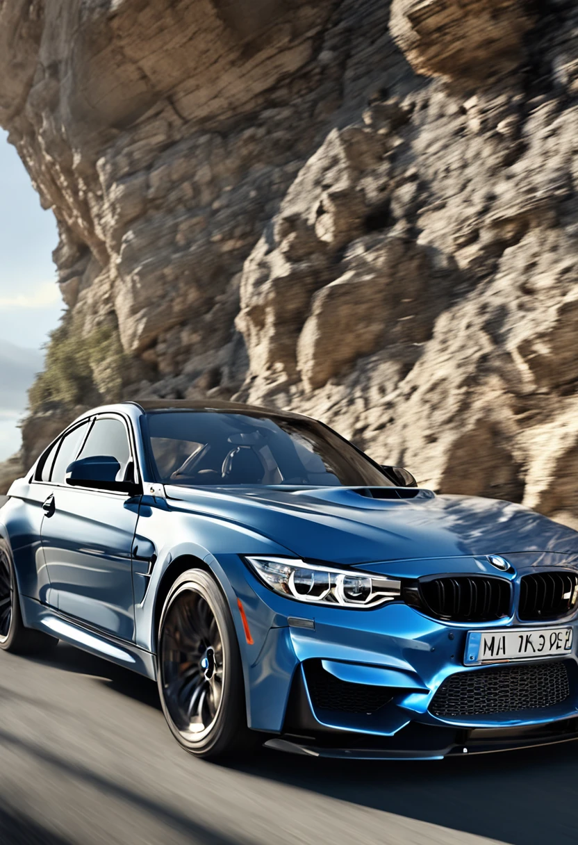 bmw stock m3 jahre f80 ,color macao blue, on the road, cliff, sunny, ocean, ultra realistic, image,Shadows, Rough, Ray Tracing Reflections, Lumen Reflections, Screen Space Reflections, GB Displacement, Scan Lines, Ray Traced, Ray Tracing Ambient Occlusion, Anti-Aliasing, FKAA, TXAA, RTX, SSAO, Shaders, OpenGL-Shaders, GLSL-Shaders, Post Processing, Post-Production, Cel Shading, Tone Mapping, CGI, VFX, SFX, insanely detailed and intricate, hypermaximalist, elegant, hyper realistic, super detailed, dynamic pose, photograph, cinematic, reflections, hyper-detailed --v 4