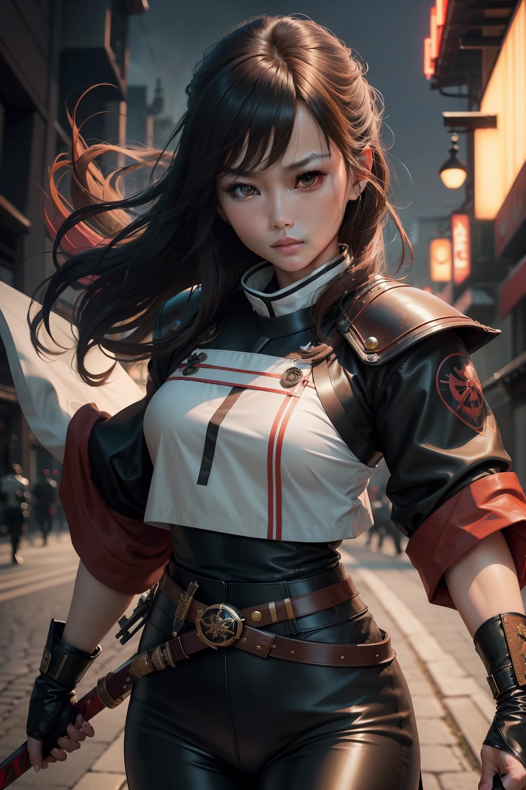 (Best quality, 8K, Ultra HD: 1.3), an Quority《Asian woman》,holding samurai sword,leather clothes,leather pant,Brown hair long,The face is incredibly delicate,Next to him stood a Gundam