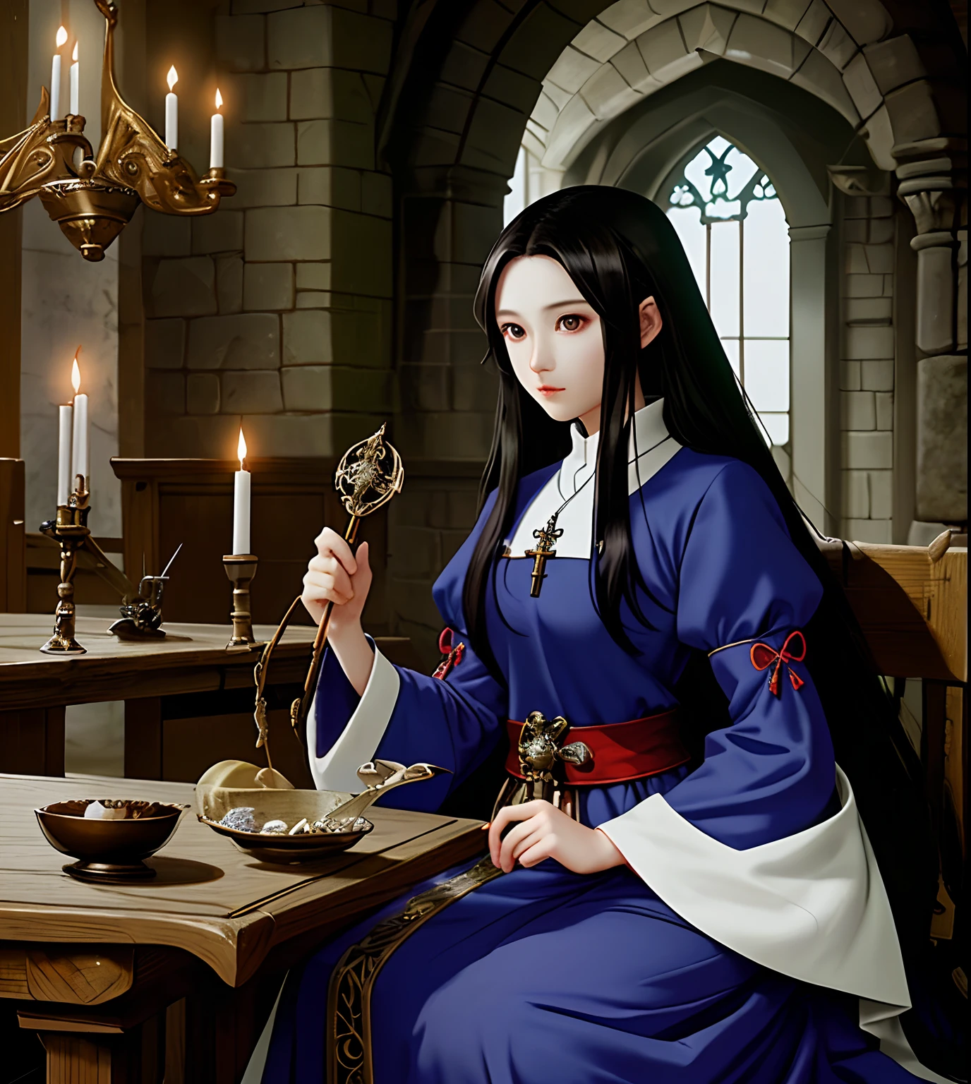 top-quality、Camera image quality、masutepiece、Inside the castle、Medieval fantasy world、1womanl、Priest、With Warhammer、priest's clothes、Long Black Hair、Gentle eyes、