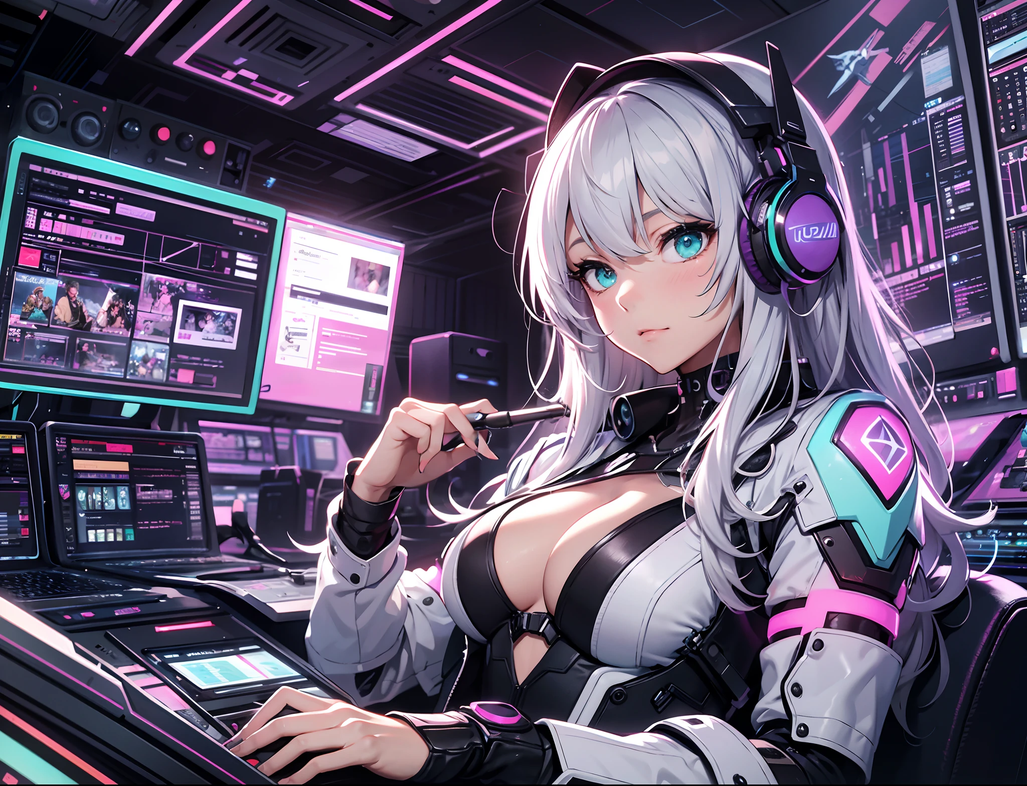 Absurd resolution, High resolution, (masutepiece: 1.4), Hyper-detailing, Silver-haired young woman dressed as technician, Blushing、Anxious look, neons、Sitting in a very narrow and closed mecha cockpit、High Quality Women, Punk rock techno, Holoscreen, Adult radio girl playing music, Long hair, Cyber Music Costumes, Blue and turquoise shades, Purple hue,The chest is closed