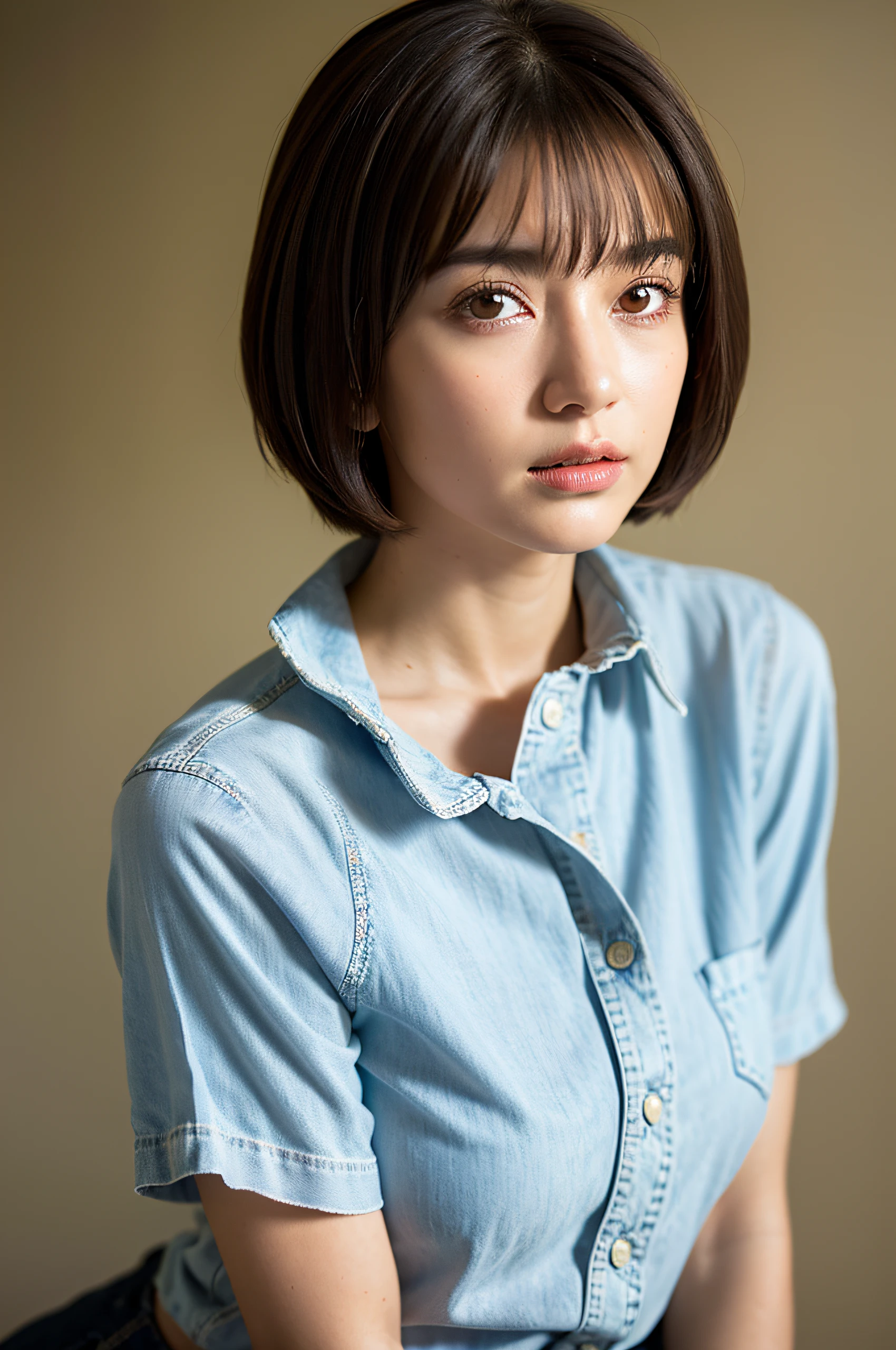 (Raw photo, Best Quality), (Realistic, Photorealsitic:1.3), masutepiece, extremely delicate and beautiful,Soft light, (Brown hair, Short hair, Bangs), Beautiful detailed girl, Detailed fingers, extremely detailed eye and face, beautiful detailed nose, Beautiful detailed eyes, 1 girl, Cute, 年轻, Silk Collar Shirt, Denim jeans, pale skin, (Half body:1.3, Sitting), (medium breasts), Realistic face, Realistic body,