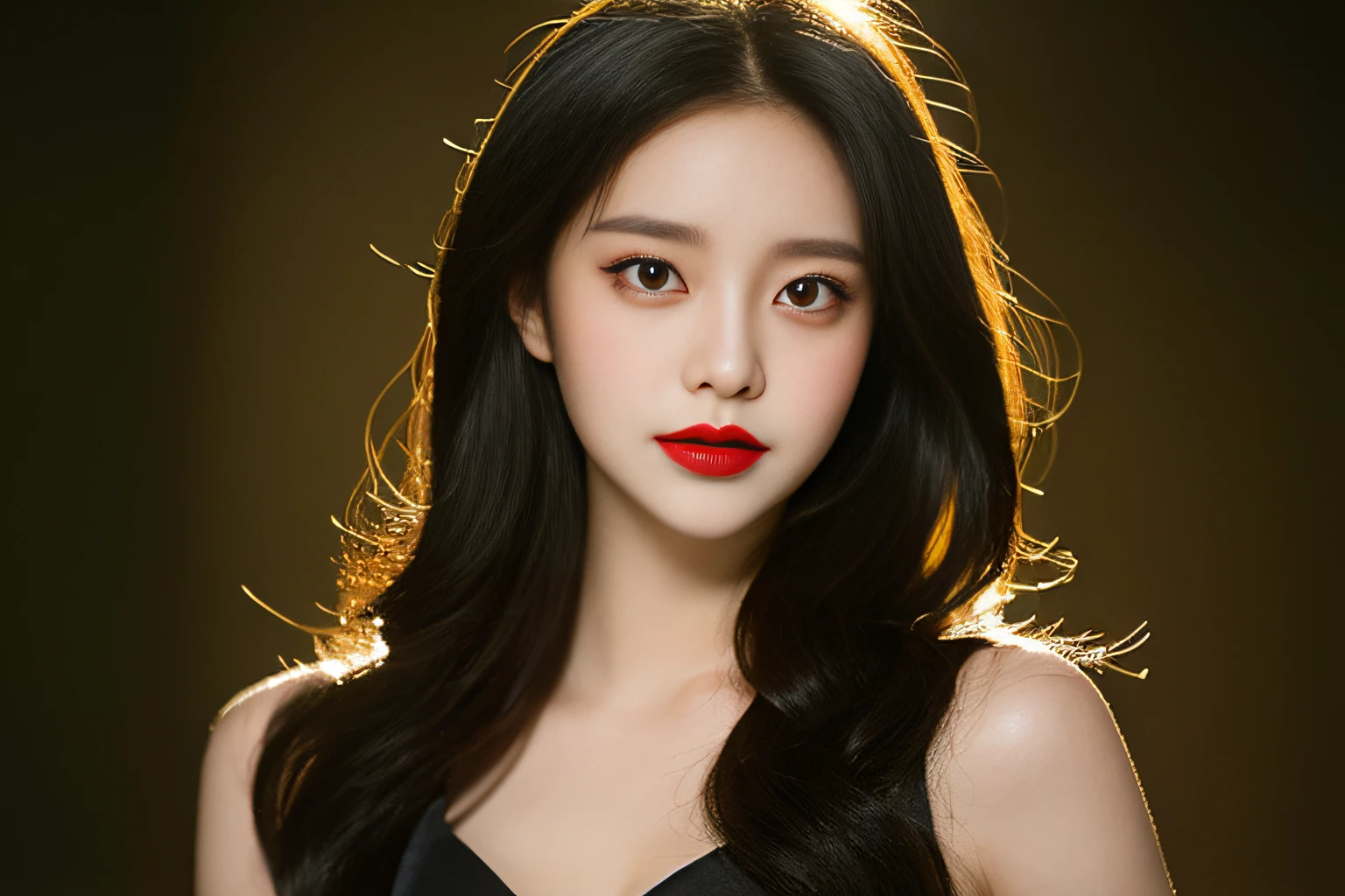 Black silk evening dress for girl, (attractive eyes, red lips, flawless skin), luxurious background, dramatic pose, interesting composition, spotlight illumination, rich shadows, shallow depth of field, sparkling bokeh, exquisite details, high resolution, 35mm film, timeless elegance. Portrait, 35mm film, natural blur,