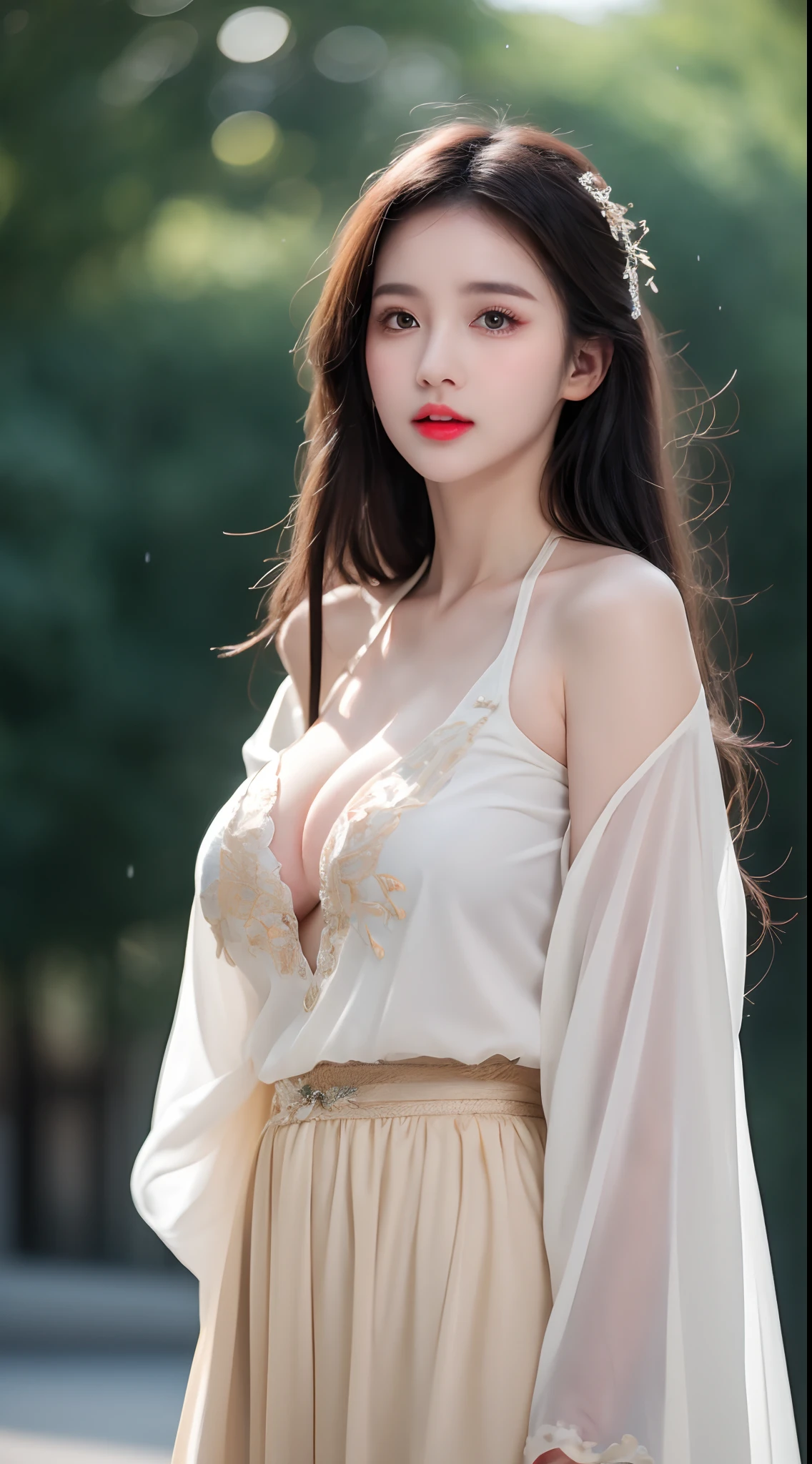 ((Best Quality, 8k, Masterpiece: 1.3)), Focus: 1.2, Perfect Body Beauty: 1.4, Buttocks: 1.2, ((Layered Haircut)), (Wet Clothes: 1.1), (Rain, Street:1.3), (Breasts: 1.2), (Hanfu: 1.2), Bare Shoulders, Bare Legs, Highly Detailed Face and Skin Texture, Fine Eyes, Double Eyelids, Whitened Skin, Long Hair, (Shut Up: 1.5), (Bokeh Background: 1.5), Big Breasts