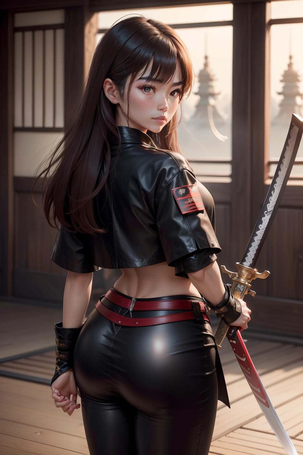 (Best quality, 8K, Ultra HD: 1.3), an Quority《Asian woman》，holding samurai sword，leather clothes，leather pant，Brown hair long，The face is incredibly delicate，Next to him stood a Gundam