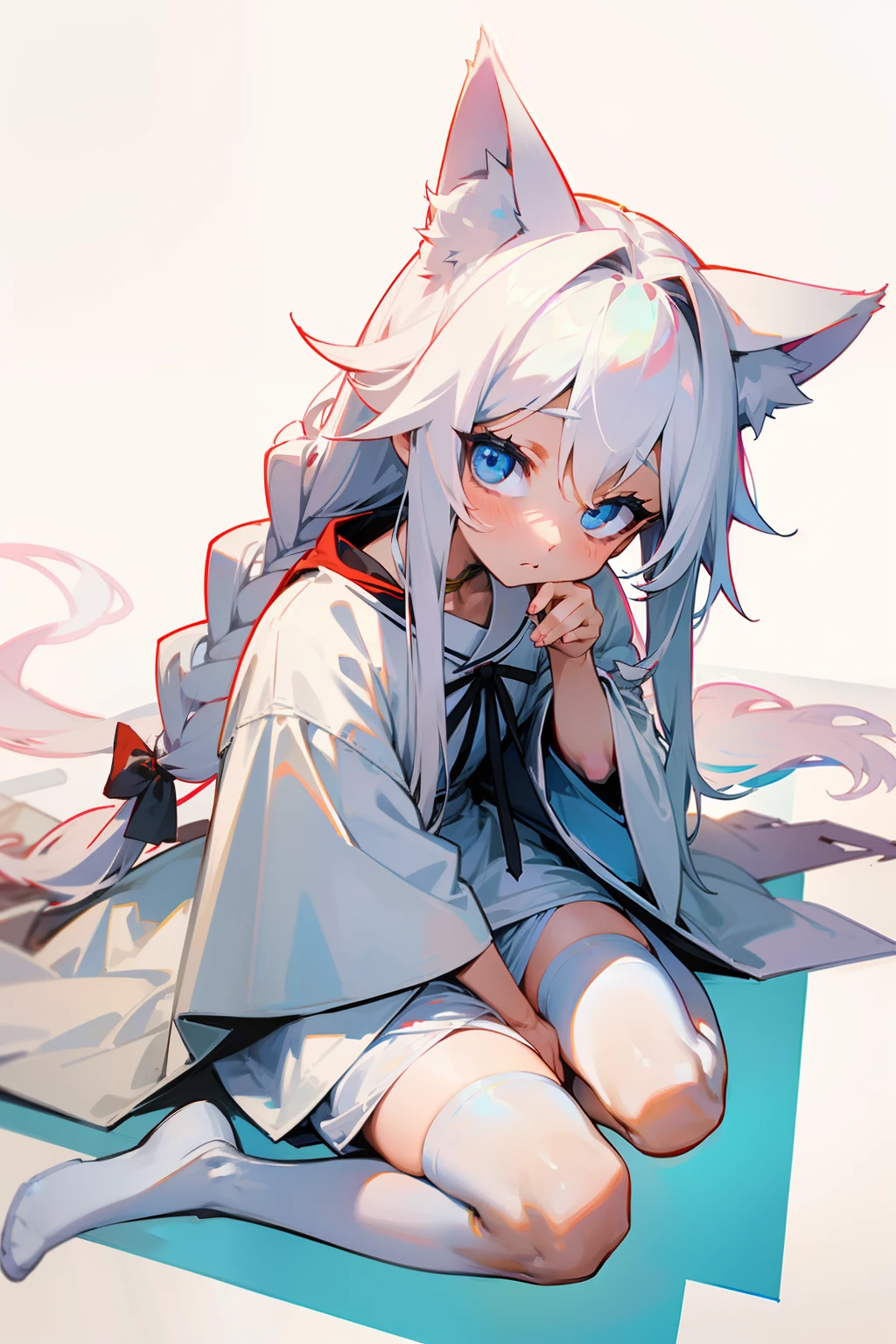 Need，tmasterpiece，Youth，White，cat ear，long white robe，quadratic element，apathy，long  white hair，SideBraid，Look up，astonishment，Sit on your knees，white stockings