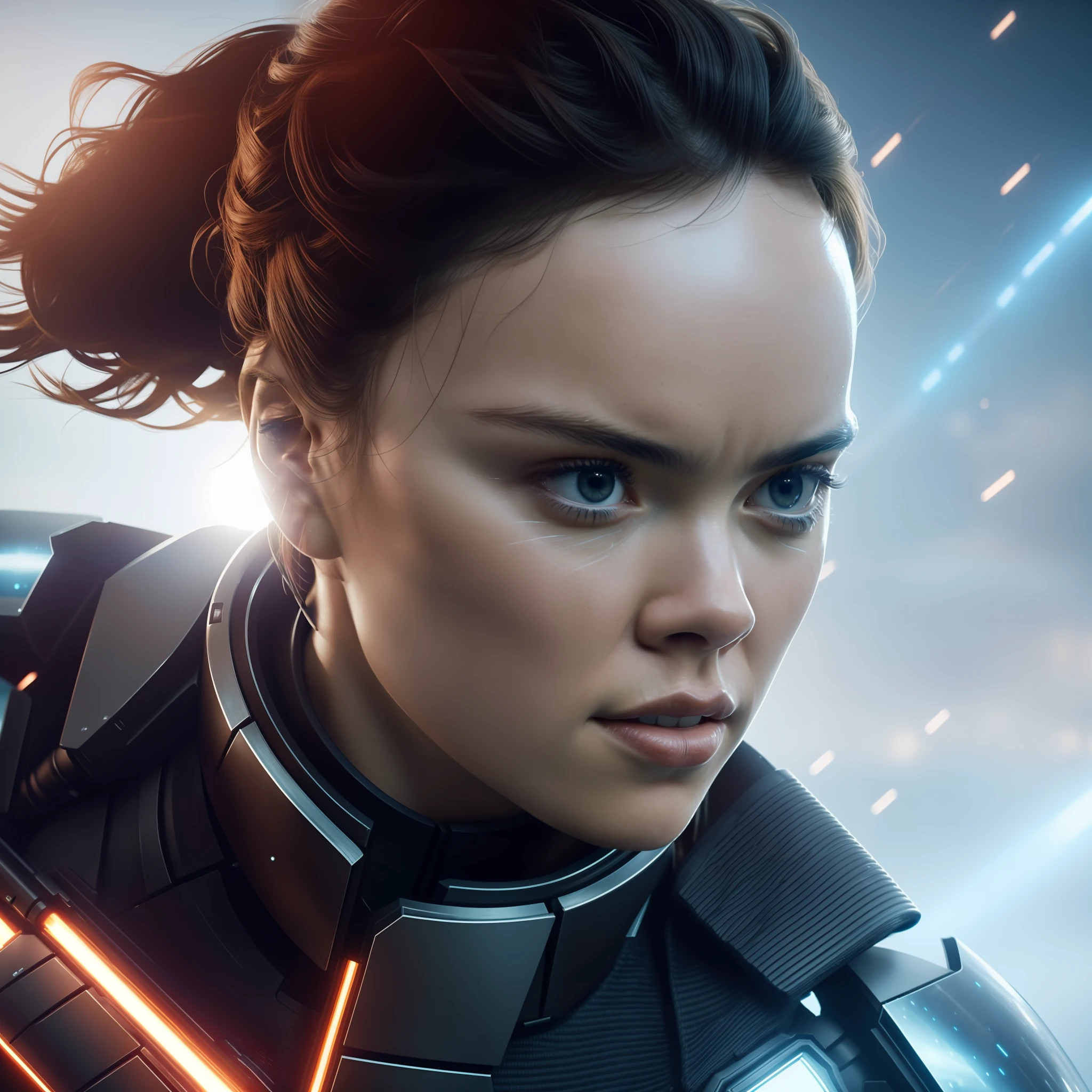 a close up action shot of epic Sci fi Hot Daisy Ridley, Detailed clothing details, Liquid effect, space, Interstellar battlefield photography, natural light, photorealism, cinematic rendering, ray tracing, the highest quality, the highest detail, Cinematic, Third-Person View, Blur Effect, Long Exposure, 8K, Ultra-HD, Natural Lighting, Moody Lighting, Cinematic Lighting