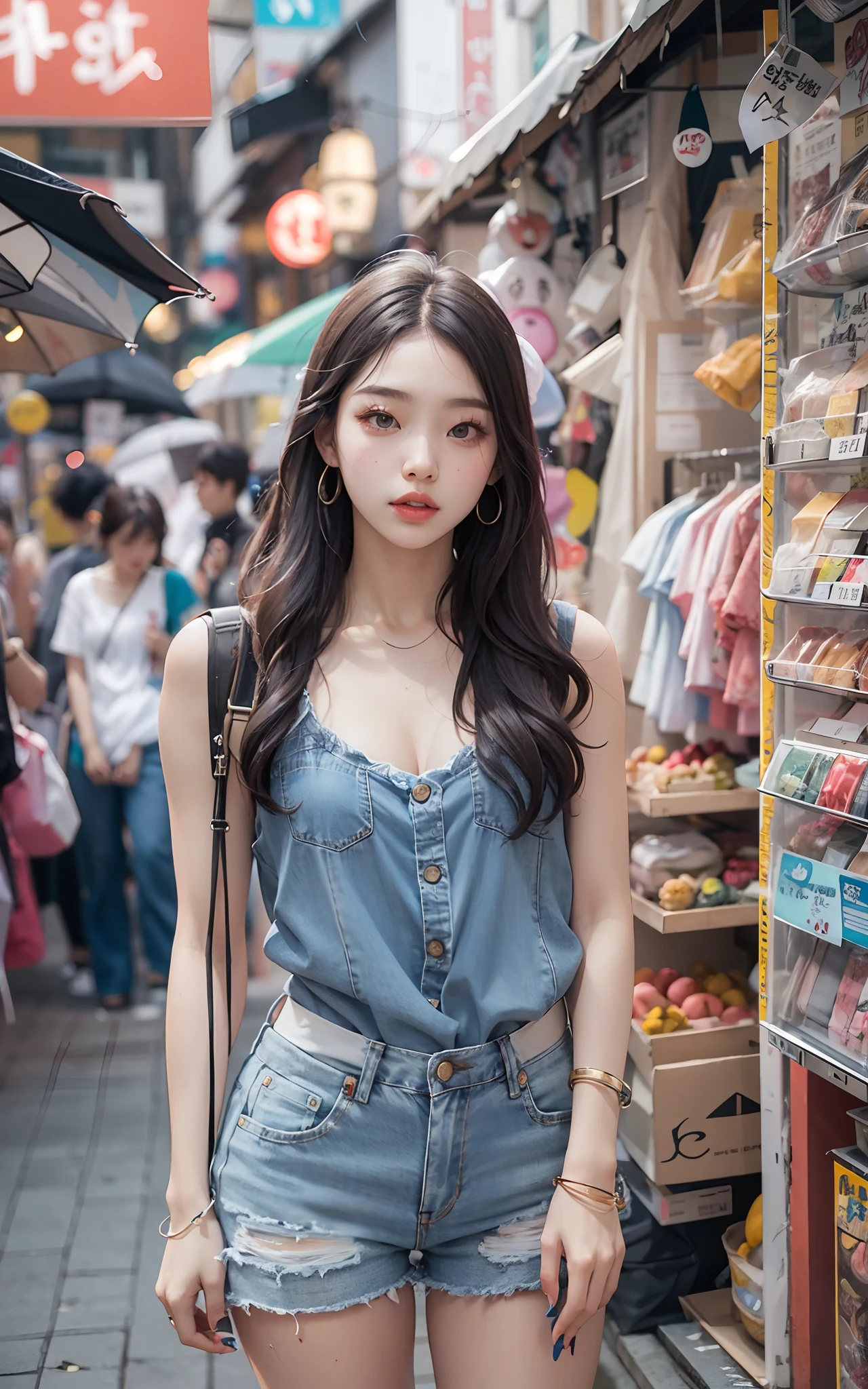 Woman standing in front of a stall on a busy street、a Korean girl、ulzzangs、Beautiful Korean Woman、chinaese girl、Popular Korean Makeup、Korean Female Fashion Models、Popular Korean Makeup、Beautiful young Korean woman、Street fashion in the streets of Japan、Korean Women、japanese streetwear、korean symmetrical face、gorgeous young korean woman、real life anime girl、Tight denim shorts