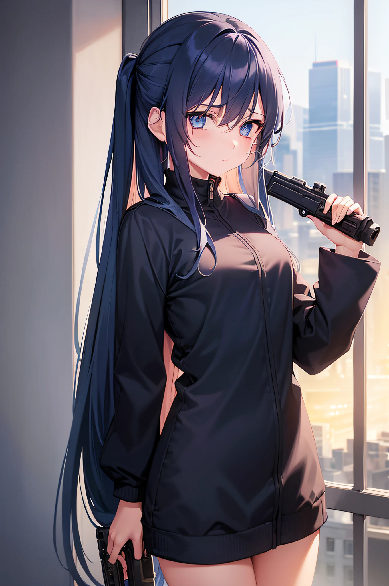 1girl in,((Long hair, gun:1.3, Blue eyes)),lean against the wall,Crying,((early evening, With the city in the background))