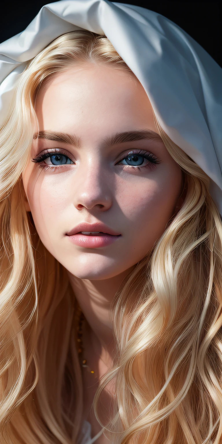 Photo of a 20-year-old European girl, raw, Beautiful woman, (Extra long wavy blonde hair), ((Portrait)), ((Detailed face:1.2)), ((detailed facial features)), (finely detailed skin), pale skin, , wrapped in a sheet, Bedroom environment, Sitting on the bed, (cold color), moist, moist, Reflectors, (masutepiece) (perfectly proportions)(photos realistic)(Best Quality) (Detailed) photographed in a Canon EOS R5, 50mm Lens, F/2.8, nffsw, (8K) (Wallpaper) (Cinematic lighting) (Dramatic Lighting) (foco nítido) (Convoluted) Fashion, From  above