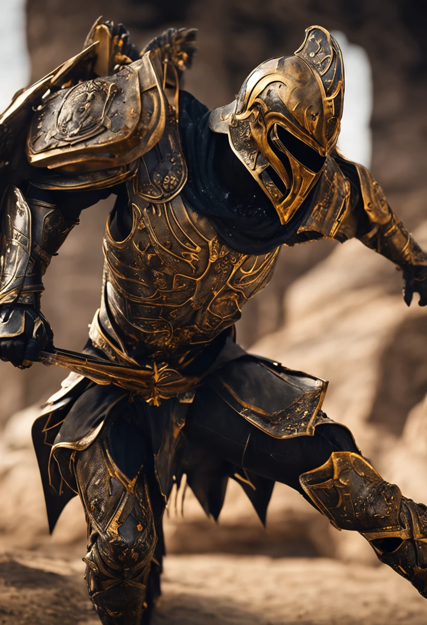 spartan warrior, fighting , stunning armor, black gold armor, epic, 8k