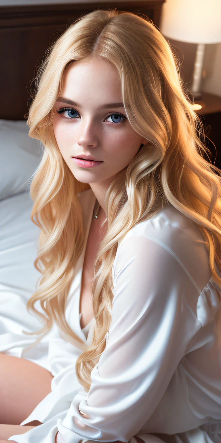 Photo of a 20-year-old European girl, raw, Beautiful woman, (Extra long wavy blonde hair), ((Portrait)), ((Detailed face:1.2)), ((detailed facial featureinely detailed skin), pale skin, , wrapped in a sheet, Bedroom environment, Sitting on the bed, (cold color), moist, moist, Reflectorasutepiece) (perfectly proportions)(photos realistic)(Best Quality) (Detailed) photographed in a Canon EOS R5, 50mm Lens, F/2.8, nffsw, (8K) (Wallpaper) (Cinematic lighting) (Dramatic Lighting) (foco nítido) (Convoluted) Fashion, From above