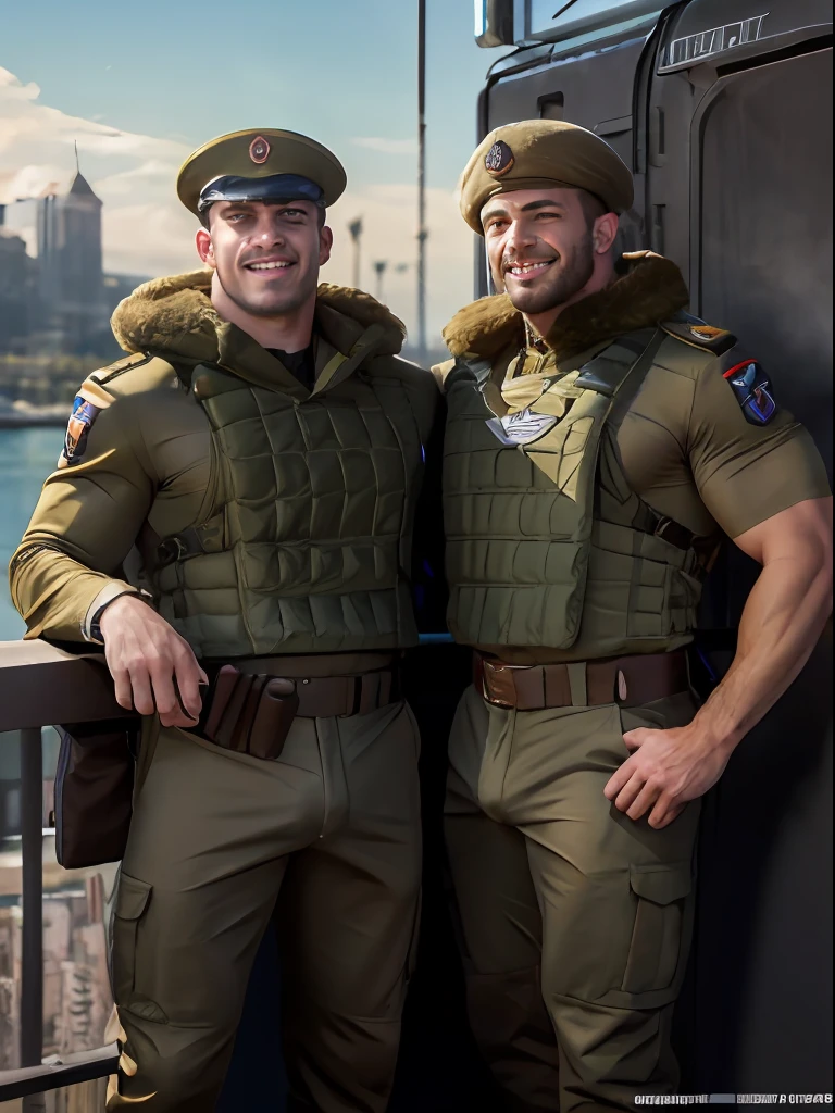 Alternative future, three handsome muscular Russian soldiers on vacation, 50 years, hairy bodies, alpha males, bulk huge biceps, baseball pants, sunny stadium, snuggle together, threesome, sexy smile, 4k, high detailed, handsome, dark age, art by Stanley artgerm, by Daniel f gerhartz, by pino daeni, highly detailed, sharp focus.
