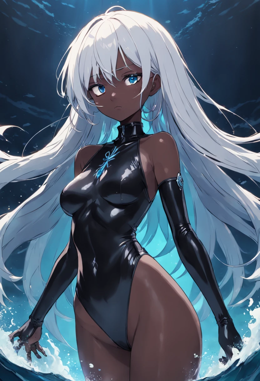 Tall human, black skin, medium white hair, fin on back, blue eyes, black clothing, deep sea,2D,one piece art,anime 4k,perfect contornus
