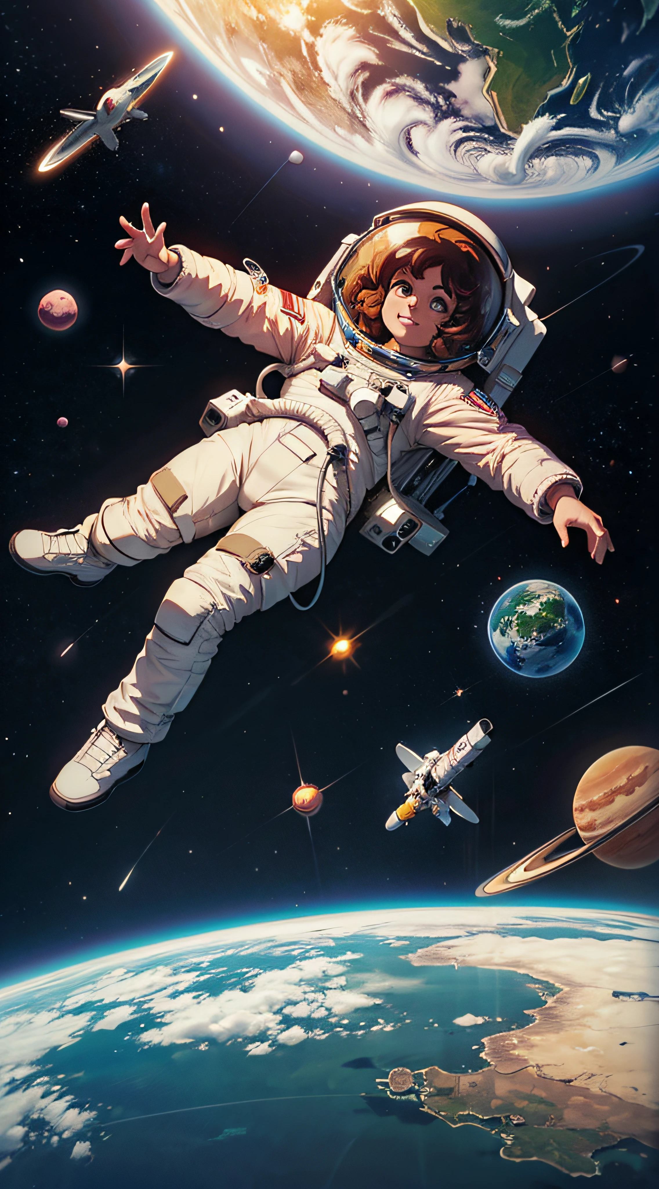 An cartoon astronaut in space with planets in the background, 70s cartoon style, trending on artstation, low details