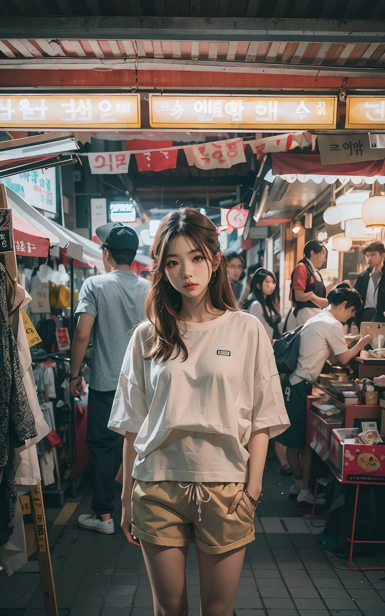 Woman standing in front of a stall on a busy street、a picture inspired by Yuumei、Unsplash Contest Winner、真实感、a Korean girl、Ulzo、Beautiful Korean Woman、chinaese girl、Popular Korean Makeup、Korean Female Fashion Models、Popular Korean Makeup、Beautiful young Korean woman、Street fashion in the streets of Japan、Korean Women、japanese streetwear、tight short pant