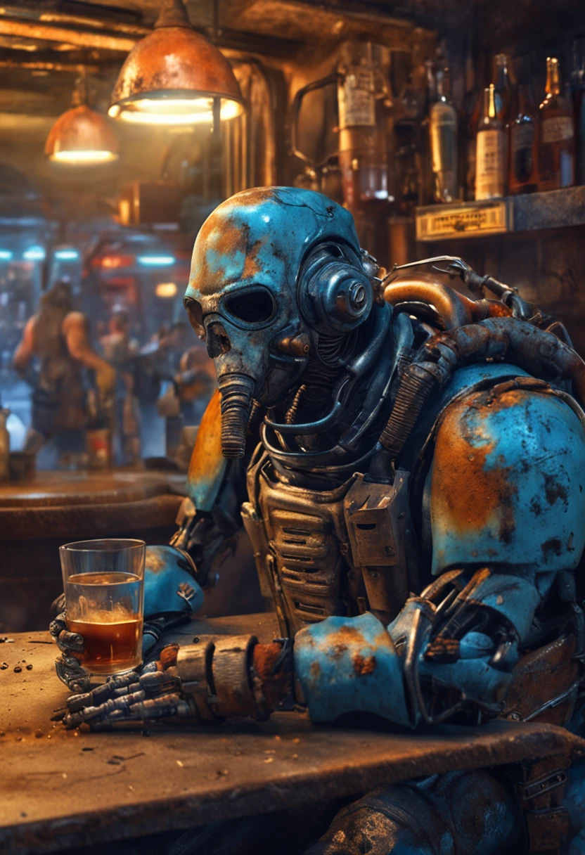Photorealistic painting depicting a ((blue rusty cyborg drinking whiskey inside an post apocaliptic bar)),