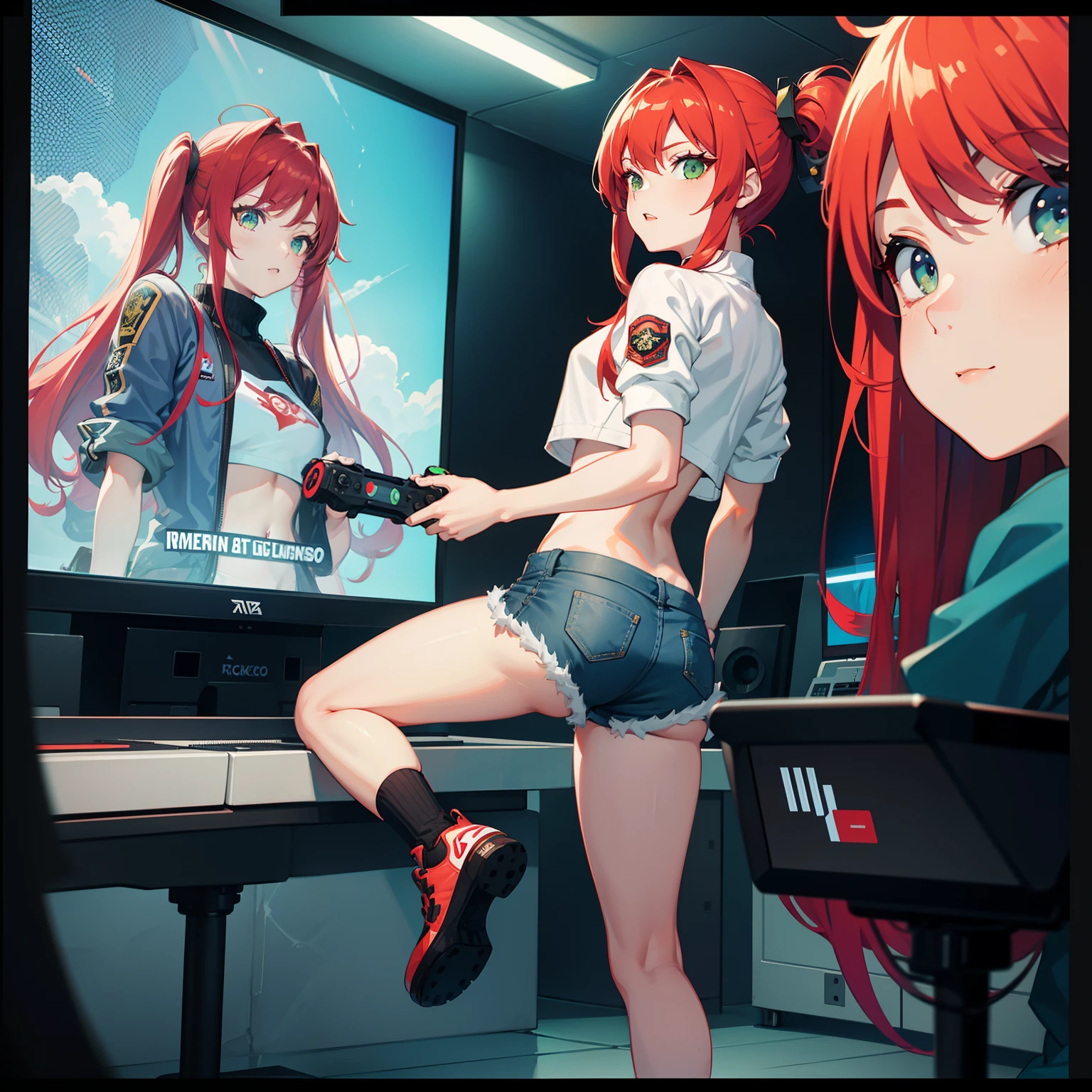 Full body shot, female asian Irina Shidou red hair twintails green eyes, in a game arcade, wearing a bomber jacket and crop top and denim shorts, playing on a playstation console on a big screen tv, side shot, back shot, shot from backside, behind shot, masterpiece, highly detailed