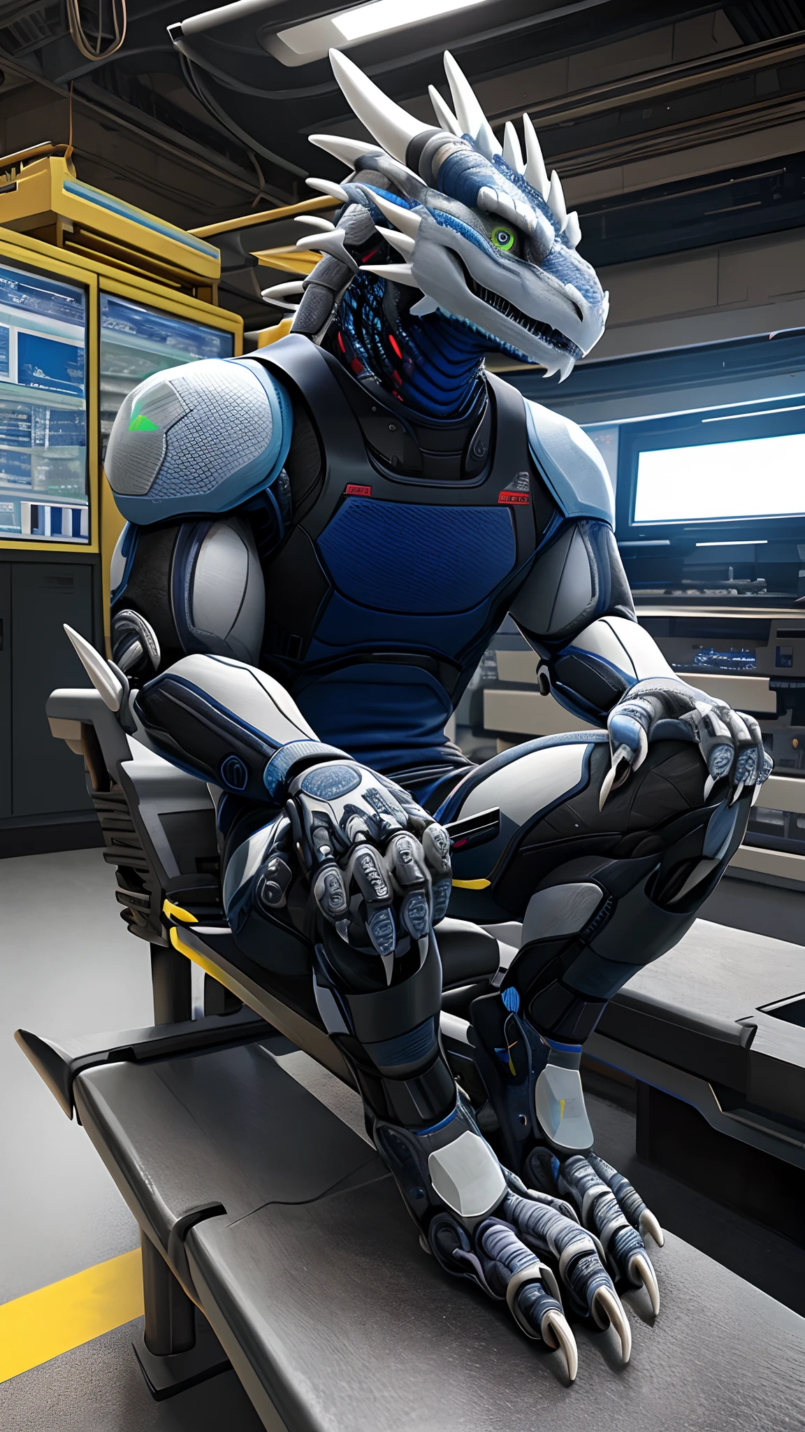 Bionic robot dragon，male，Gilet blanc，Human Genitalia，Lie on the machine bench，HD graphics，Detailed and realistic，high detal，high qulity，photo-realistic，photorealistic eye，Detailed paws，Clear eyes，Masterpiece artwork