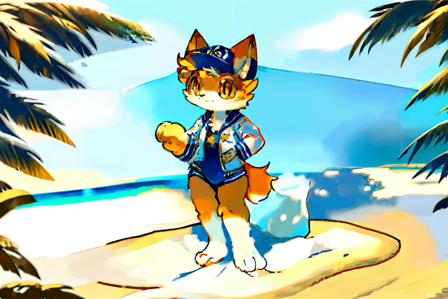 sandbeach,girl fox,Female furry,female focus,a plush,a sailor suit,Sailor's cap,Yellow eyes,adolable,Stand up,Feet on the sand,Feet on the sand,Feet on the sand,ssmile