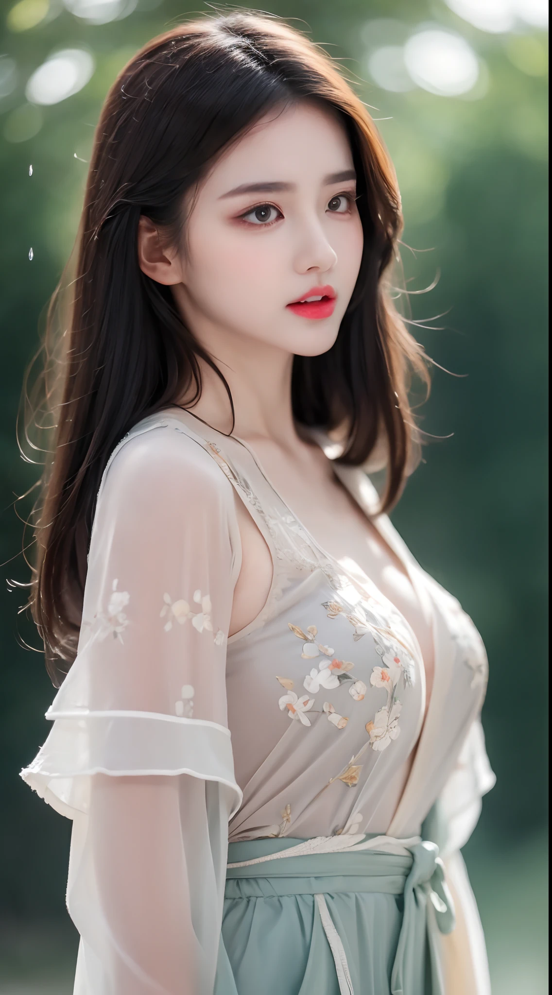 ((Best Quality, 8k, Masterpiece: 1.3)), Focus: 1.2, Perfect Body Beauty: 1.4, Buttocks: 1.2, ((Layered Haircut)), (Wet Clothes: 1.1), (Rain, Street:1.3), (Breasts: 1.2), (Hanfu: 1.2), Bare Shoulders, Bare Legs, Highly Detailed Face and Skin Texture, Fine Eyes, Double Eyelids, Whitened Skin, Long Hair, (Shut Up: 1.5), (Bokeh Background: 1.5), Big Breasts