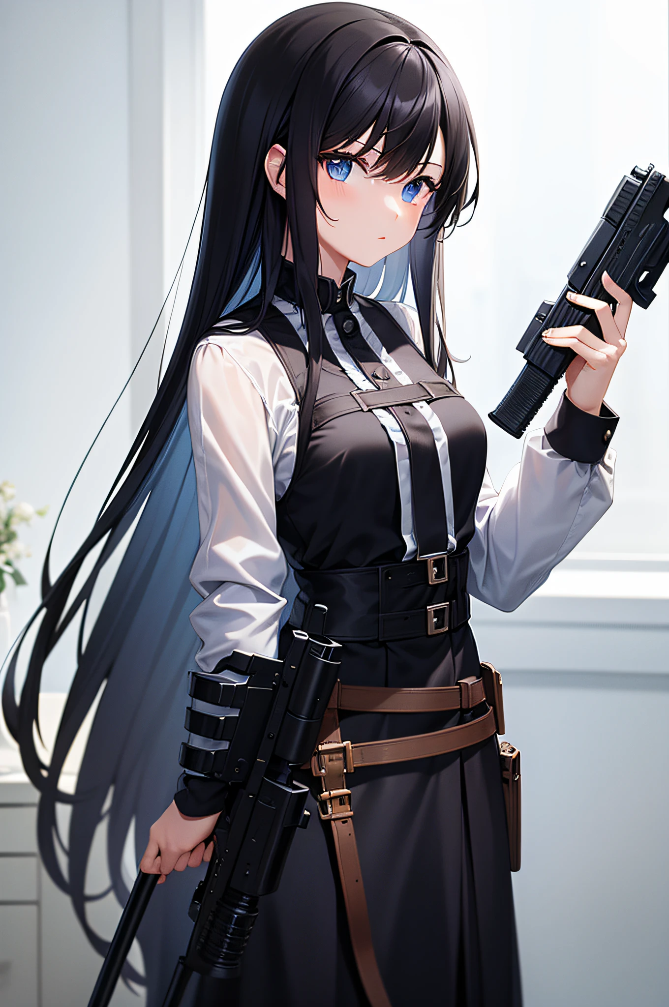 ​masterpiece, top-quality, ighly detailed, 1girl in, Black hair, Long hair, gun, Blue eyes