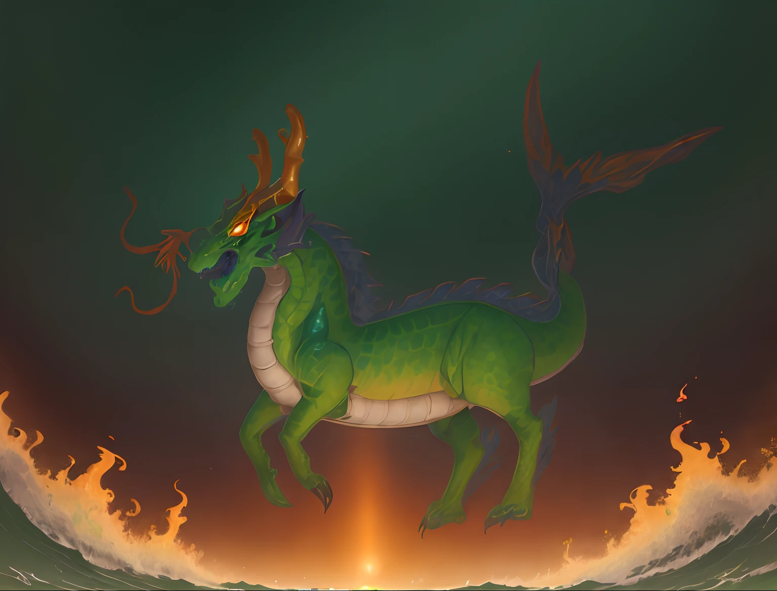 A dark green dragon with a long tail and tail is in the sea waves..,In the sea there are waves..,evening,Orange Sun,Orange Sun,evening, a dragon, Mythical Creatures, Mythical Creatures, Dragon Horned Curve!, anthropomorphic dragon, Chinese dragon, as an anthropomorphic dragon, Color painting, smooth chinese dragon, chinese dragon concept art, but as an anthropomorphic dragon, dragon art, Dragon with scars,Very sharp 8k body,Green flakes,complex body;
