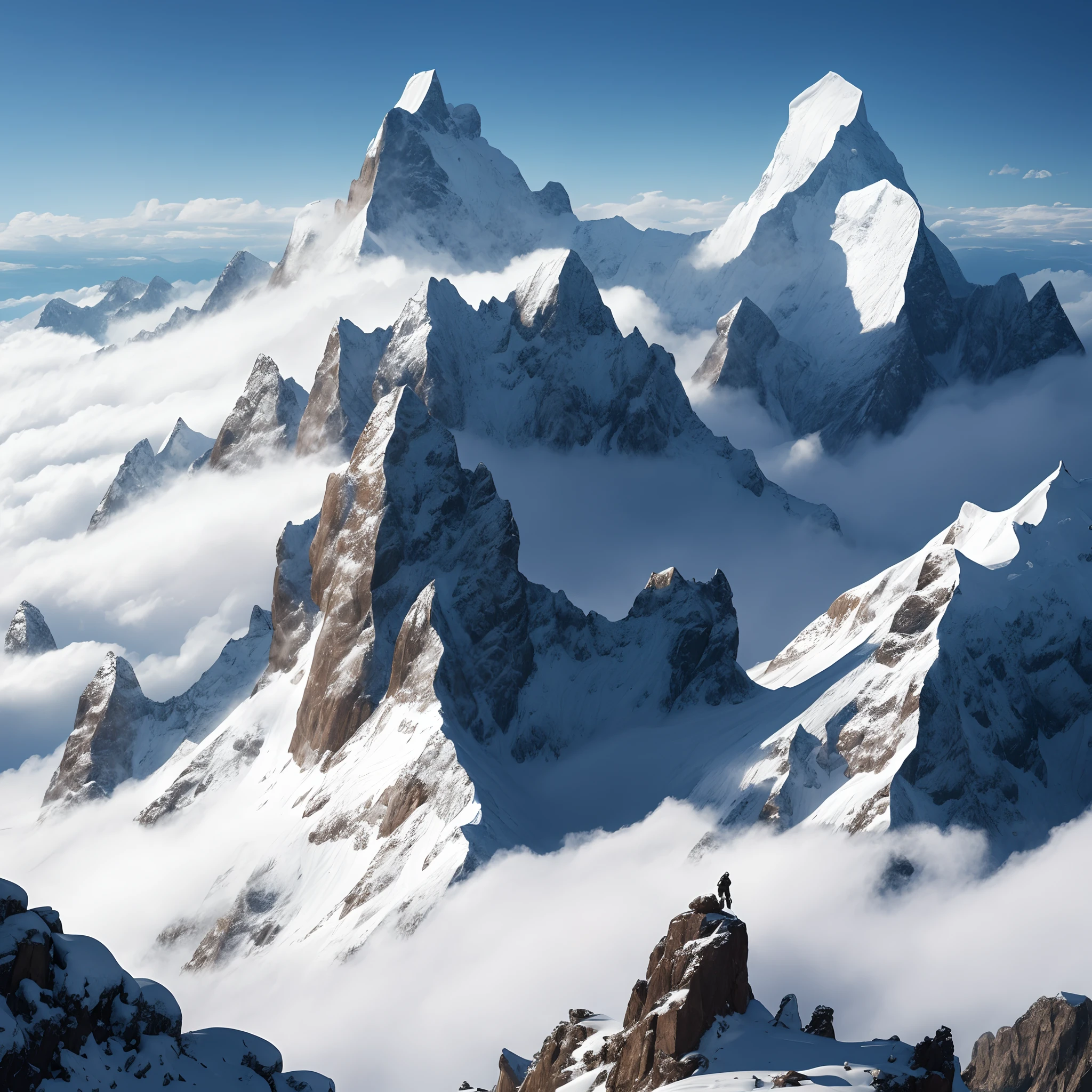 Uma imponente montanha branca, flanked by two others of smaller proportions, tornando-se a figura dominante na paisagem. Its peak rises grandly to the clouds, and a clear path winds up the snow-capped mountain, convidando a uma jornada visualmente deslumbrante. --auto