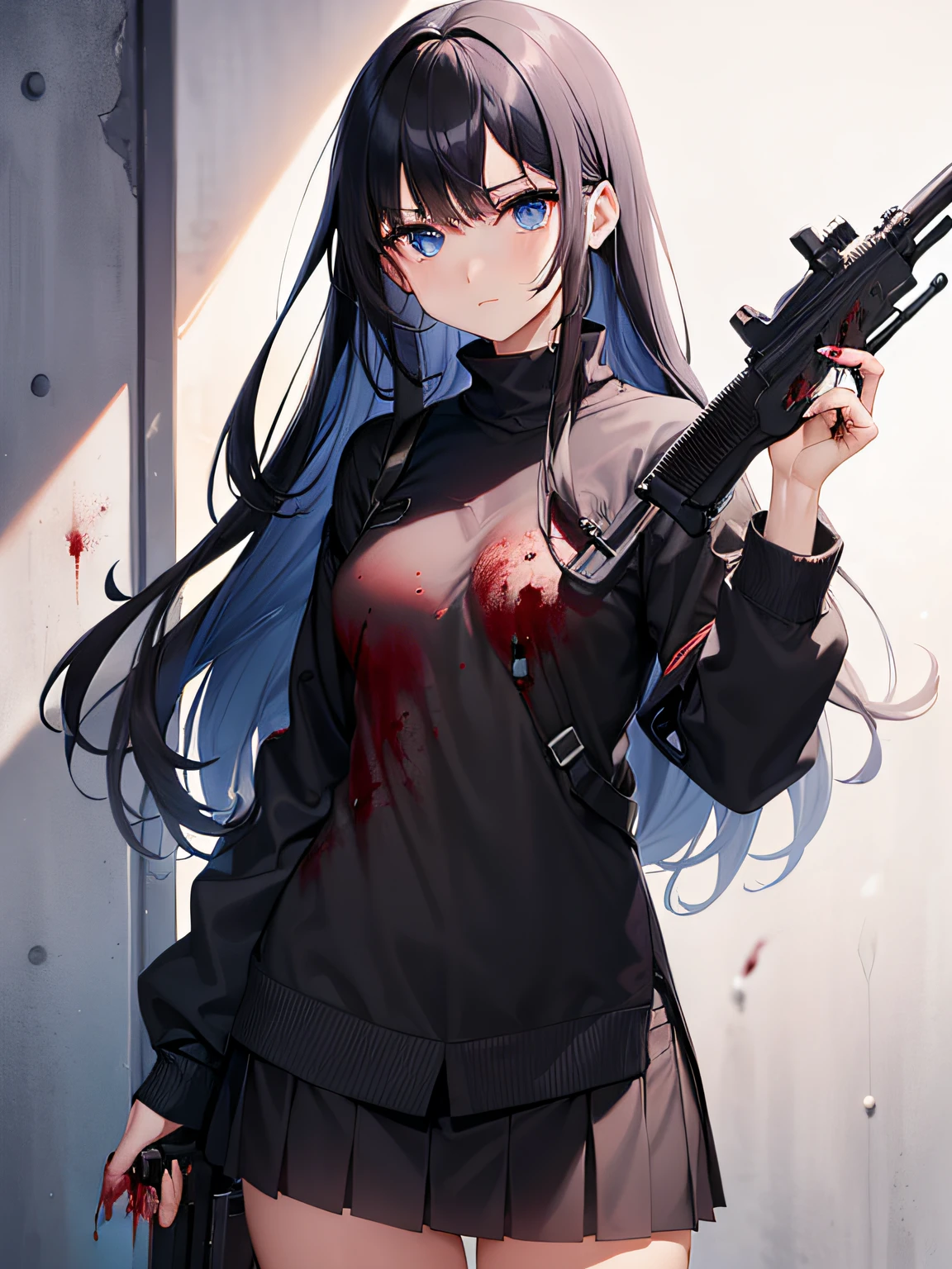 1girl in, Black hair, Long hair, gun, Blue eyes, (((bloods))), (((Cover with blood)))