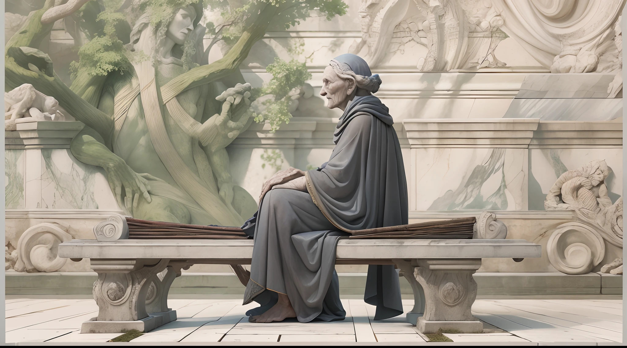 an elder woman sitting on a old chair in bench around the lake, wrapped on the sheet, hermit, marble statue, dark octane render, baroque, european, side view from bottom, anatomically correct, super detailed