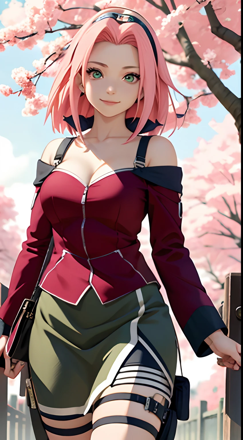 masterpiece, Best quality at best, 1girll, Sakura Haruno, Large breasts,Off-the-shoulder attire,(cleavage),(full body closeup),Raised sexy,is shy,smile,with pink hair, long pink hair, (Green eyeballs:1.4), Forehead protection, the cherry trees,Cherry blossoms flying,Red clothes,Zipper half, black bike shorts