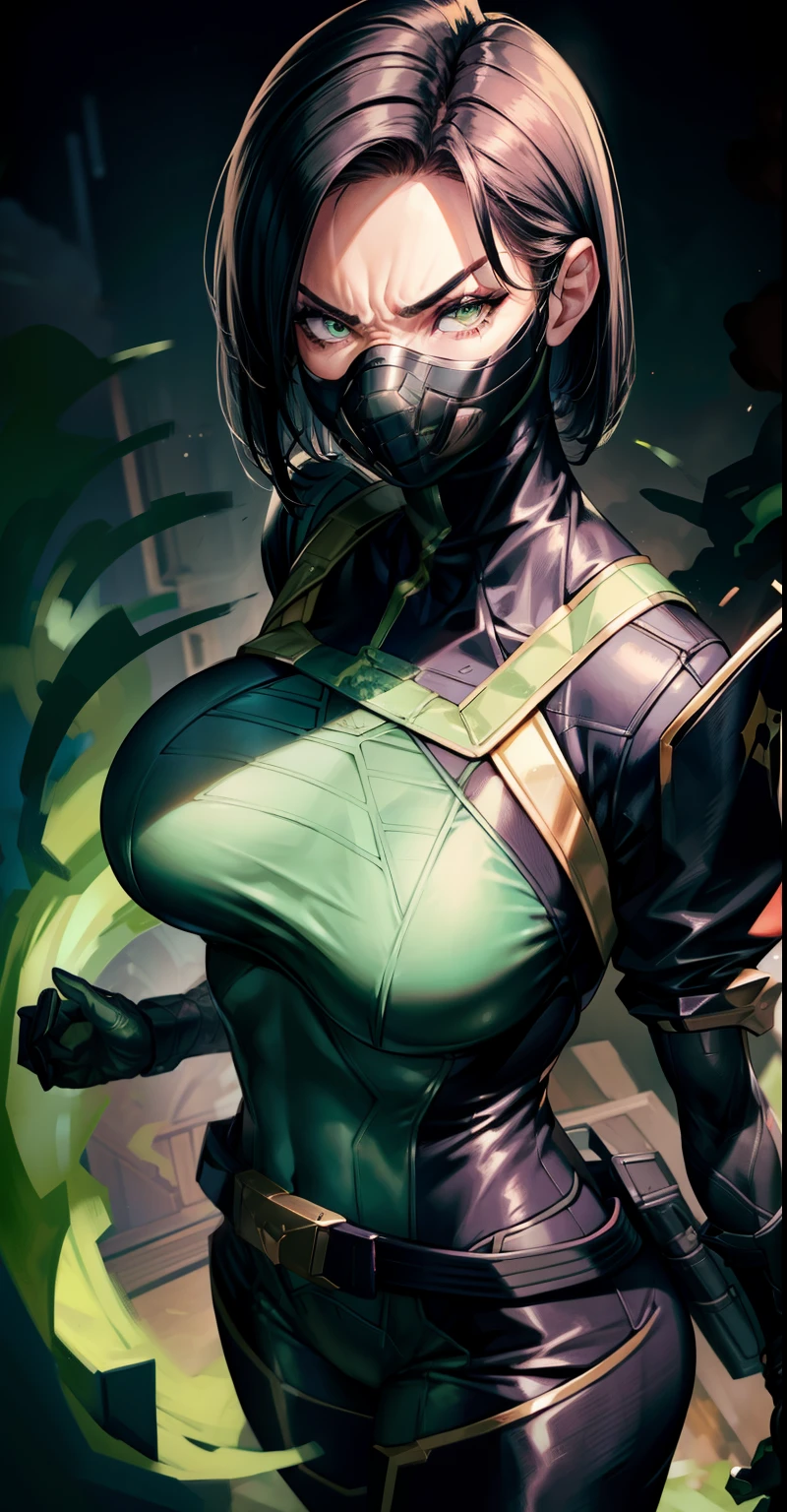 Masterpiece, Best quality,Look at the woman from below ,《Fearless viper》, tightsuit, mitts, belt, thigh boots, respirator, view the viewer, face, Portrait, Close-up, Glowing eyes, green smoke, Black background,huge tit,Raised chest,Close-up of chest,chest focus,Woman in a swimsuit,angry look,Extremely erotic figure,Staring angrily at the screen,Facing the screen