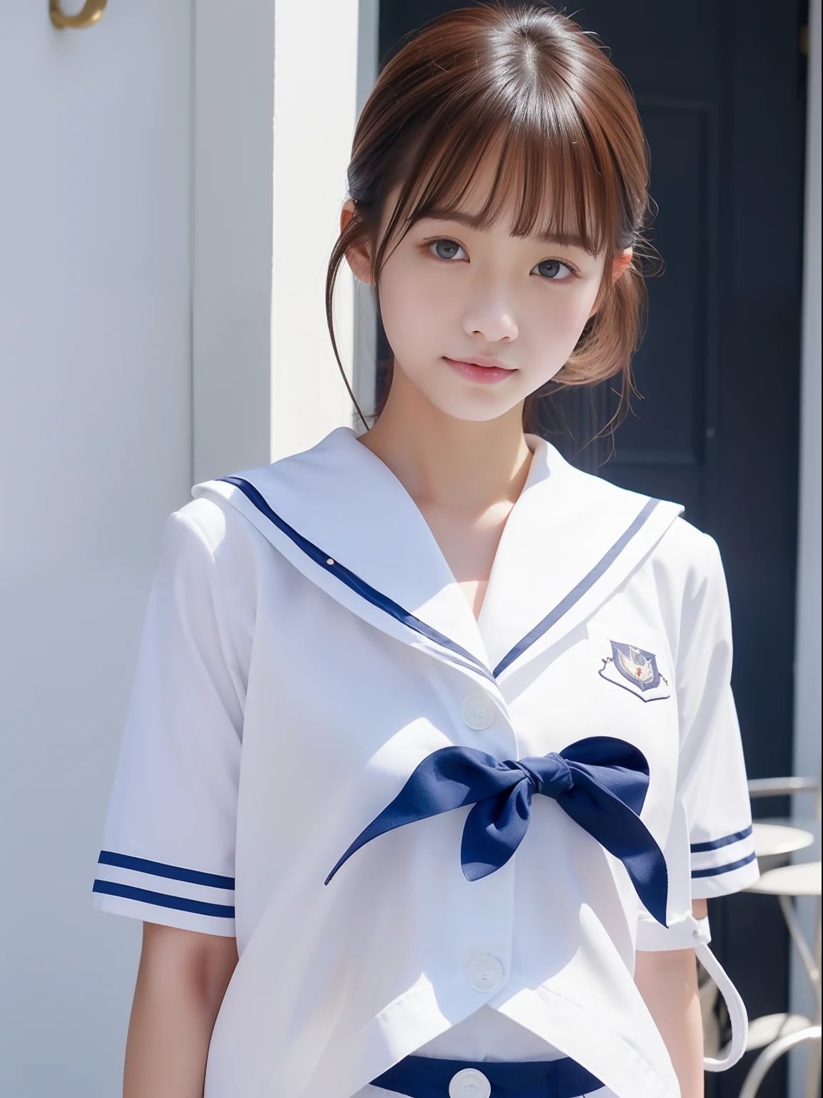 highest quality、Professional Writing、 Detailed workmanship、High resolution、(8k, High resolution:1.2)、(RAW Photos, Realistic:1.3)、masterpiece、Slim figure、High resolutionの顔、The face is in focus、High resolutionの目、(concentrate, Symmetrical pupils:1.2)、Slim figure、High quality and beautiful skin、Firm Skin、Natural Makeup、Gloss Lip, High-definition hair texture、 (Japanese schoolgirl)、Unparalleled beauty、、cute, Hair Bun, classroom、(Sailor suit、Black socks、Black Loafers:1.3), (Sit on the floor by the wall:1.3), (Hold your arms tightly against your chest:1.3), very cute, (Very embarrassed:1.3), (blush:1.3), (is scared:1.3), Strange facial expression、Looking up at the camera:1.2、(Shirt front opening:1.2), (Cleavage, Browsing Caution)