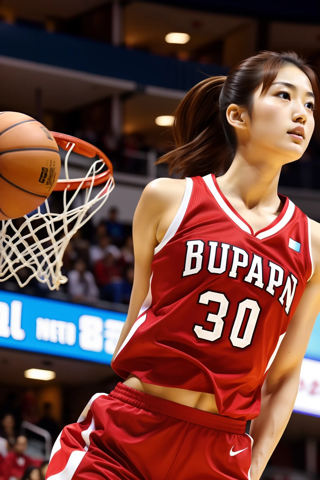Beautiful Japan Woman、bustshot、Brown hair、Basketball Dunk Scoring、Red Basketball Uniform、Beautiful abs