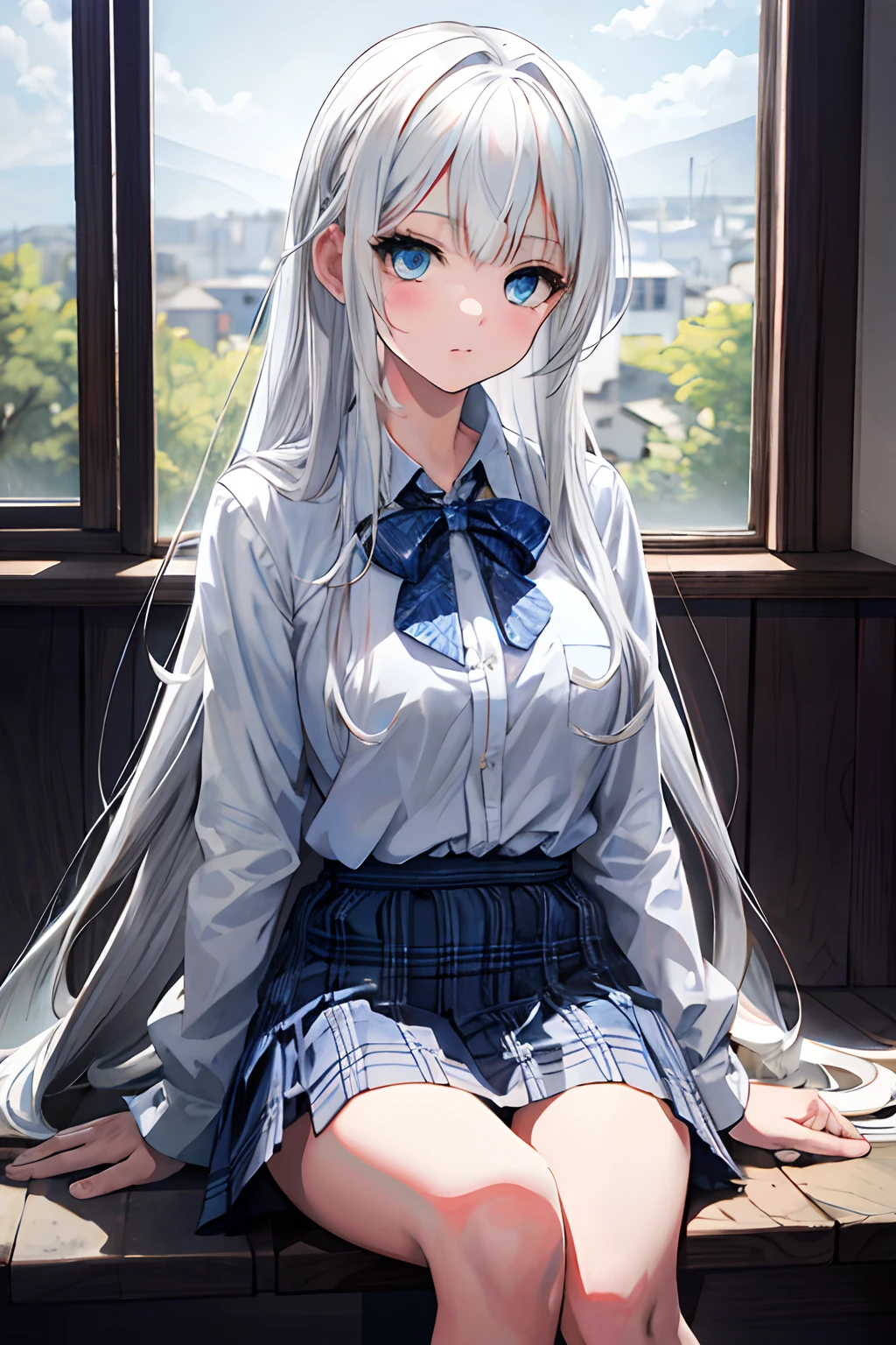 anime girl sitting on a bench looking out a window, Perfect white haired girl, Beautiful Anime High School Girls, Anime girl with long hair, Surrealism female students, Girl with white hair, Surrealism female students, Silver hair (pony tails), Realistic schoolgirl, Smooth anime CG art, white haired Cangcang, long  white hair, with long white hair, up of young anime girl