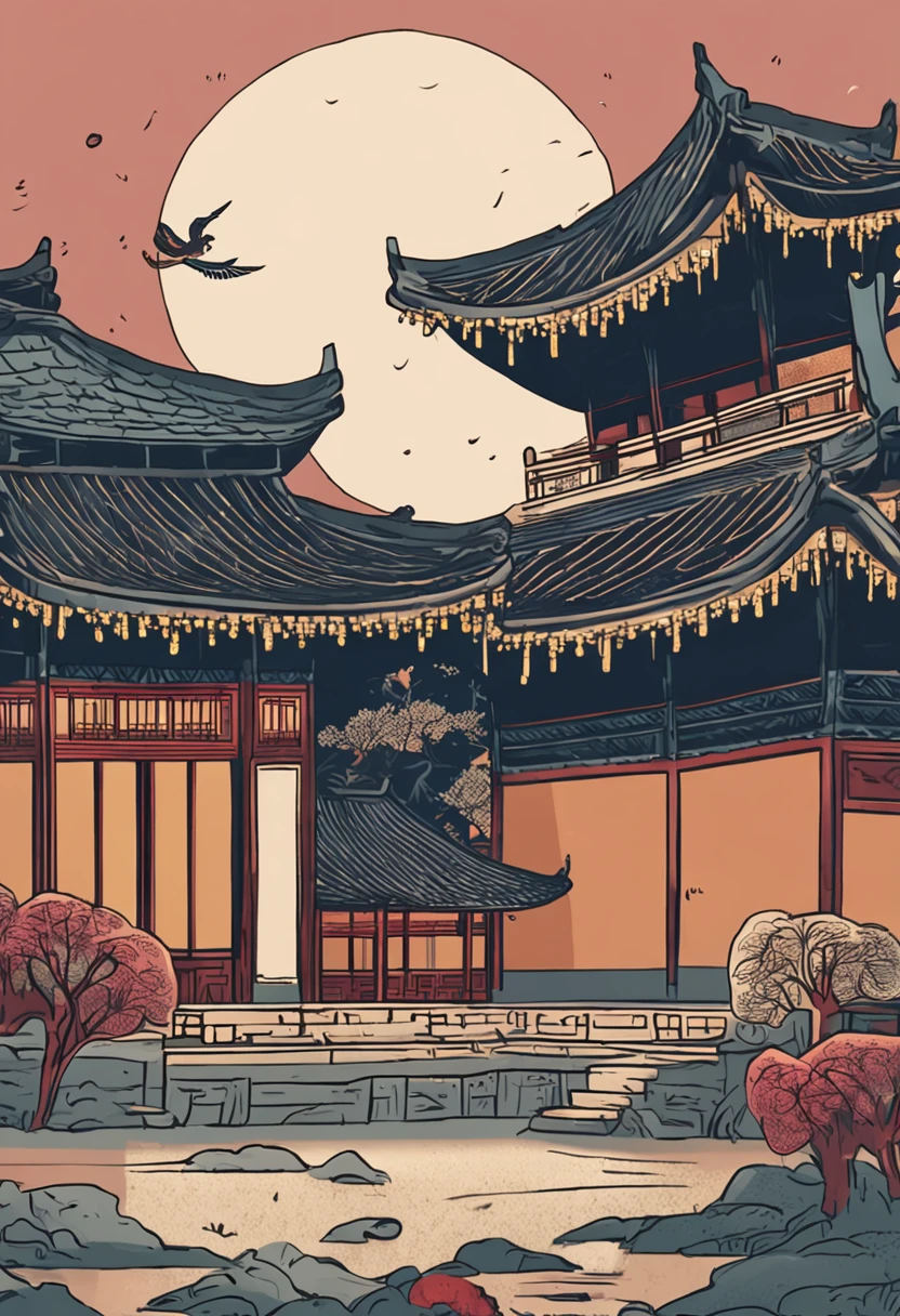 A moonlit evening in a palace garden during the Joseon Dynasty. Traditional lanterns illuminate the scene, casting a warm glow on the surroundings