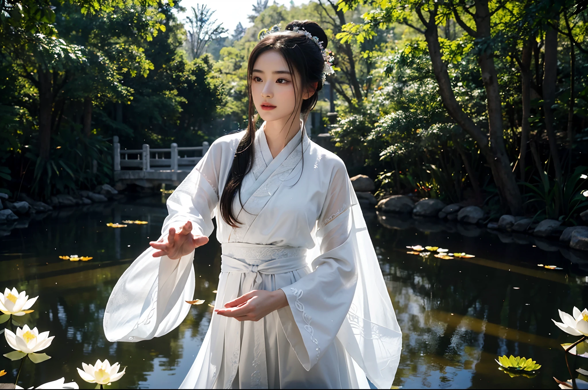 Realistic, close-up, intricate details, super detailed, natural skin texture, 1 girl, hair bundle, bun, beautiful Chinese woman in white hanfu robe cloak, fairy, white mist, golden light, white mist, outdoors, in Hangzhou West Lake, in ancient Chinese pavilion, (colorful, vivid, sunny, cool light: 1.2) lotus leaves in pond, delicate facial details, dynamic poses, exquisite details, wide field of view, epic details, global illumination - ar 3:2 - q 5 - v 5.1 - Style RAW-S 750, style influenced by ancient Chinese art, complex, high detail, sharp focus, dramatic, photorealistic painting art, lotus leaf, spring rain, bright, light, atmosphere, bright tones of spring, super detail, 16k, best quality, soft light, space, crystal clear, natural light, surreal photography,