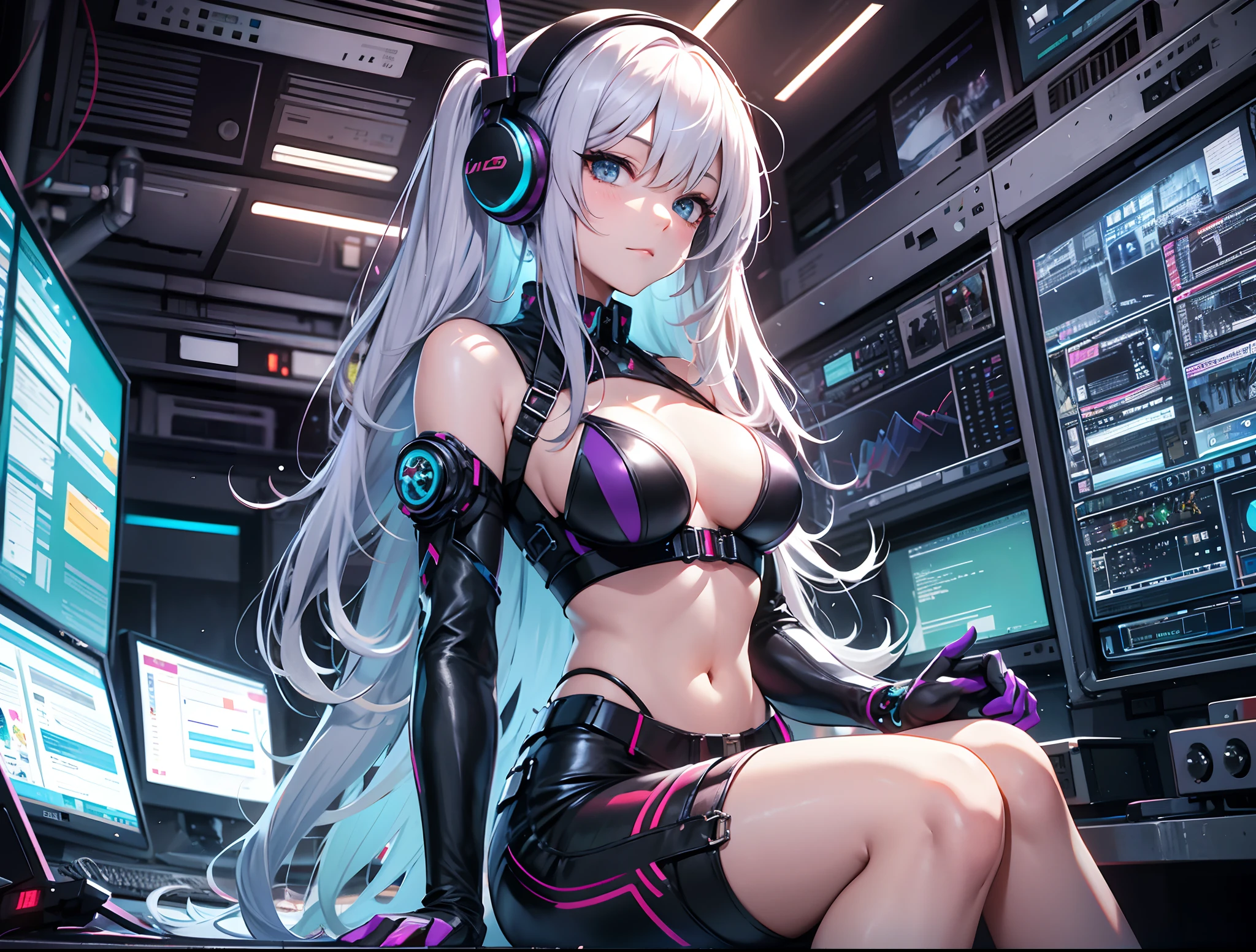 Absurd resolution, High resolution, (masutepiece: 1.4), Hyper-detailing, Silver-haired young woman dressed as technician, Blushing、Anxious look, neons、Sitting in a very narrow and closed mecha cockpit、High Quality Women, Punk rock techno, Holoscreen, Adult radio girl playing music, Long hair, Cyber Music Costumes, Blue and turquoise shades, Purple hue,small tits、Smaller chest