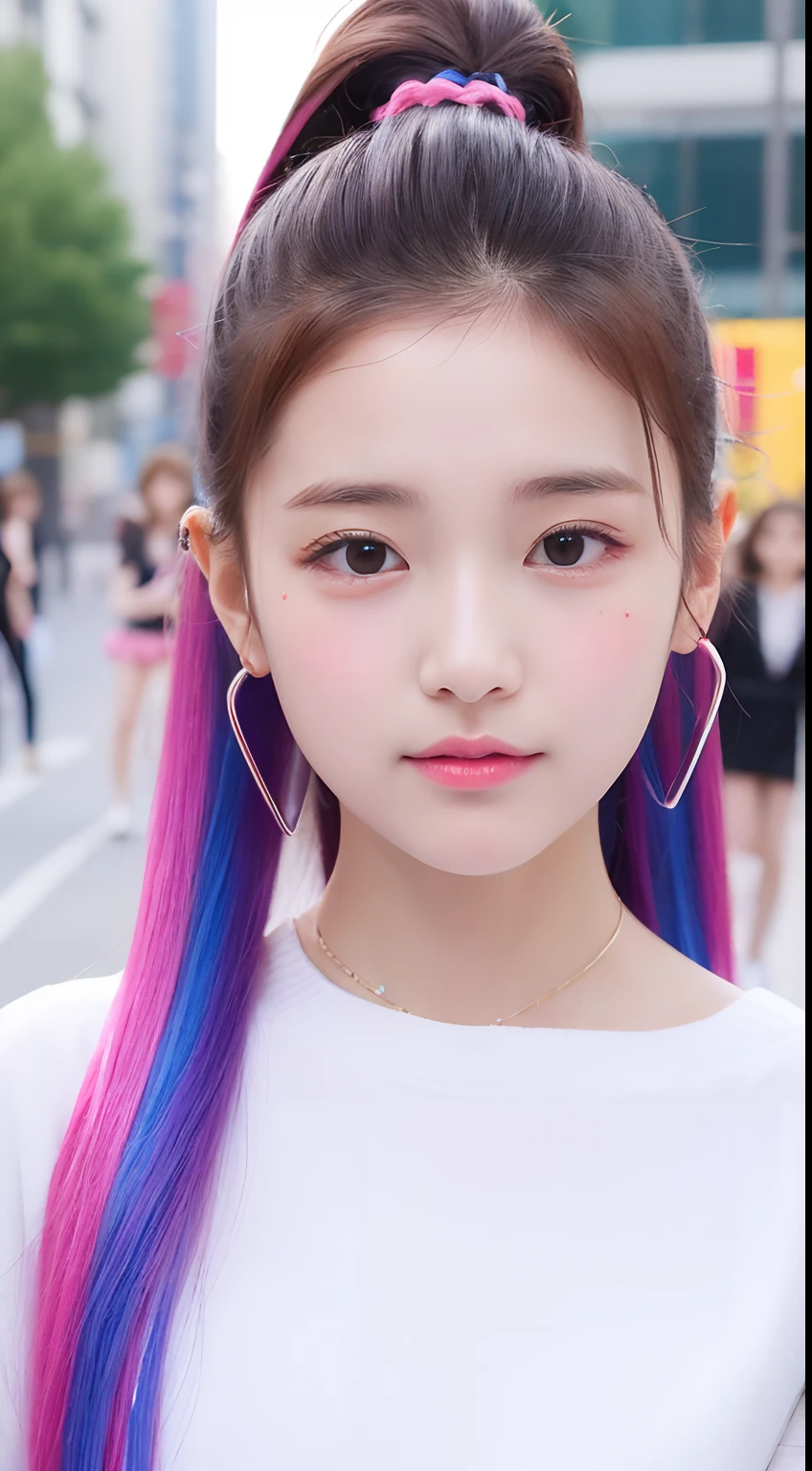 4K、top-quality、masutepiece、Cute Realistic Girl、Face like an idol、Rainbow color hair、High Ponytail、Girls Fashion、In the street